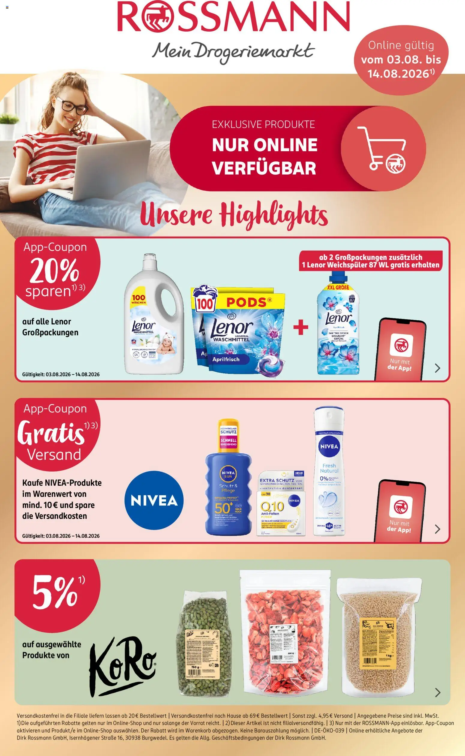 Rossmann Onlineprospekt – gültig ab 03.08.2026 | Seite: 1 | Produkte: Lenor, Weichspüler, Waschmittel