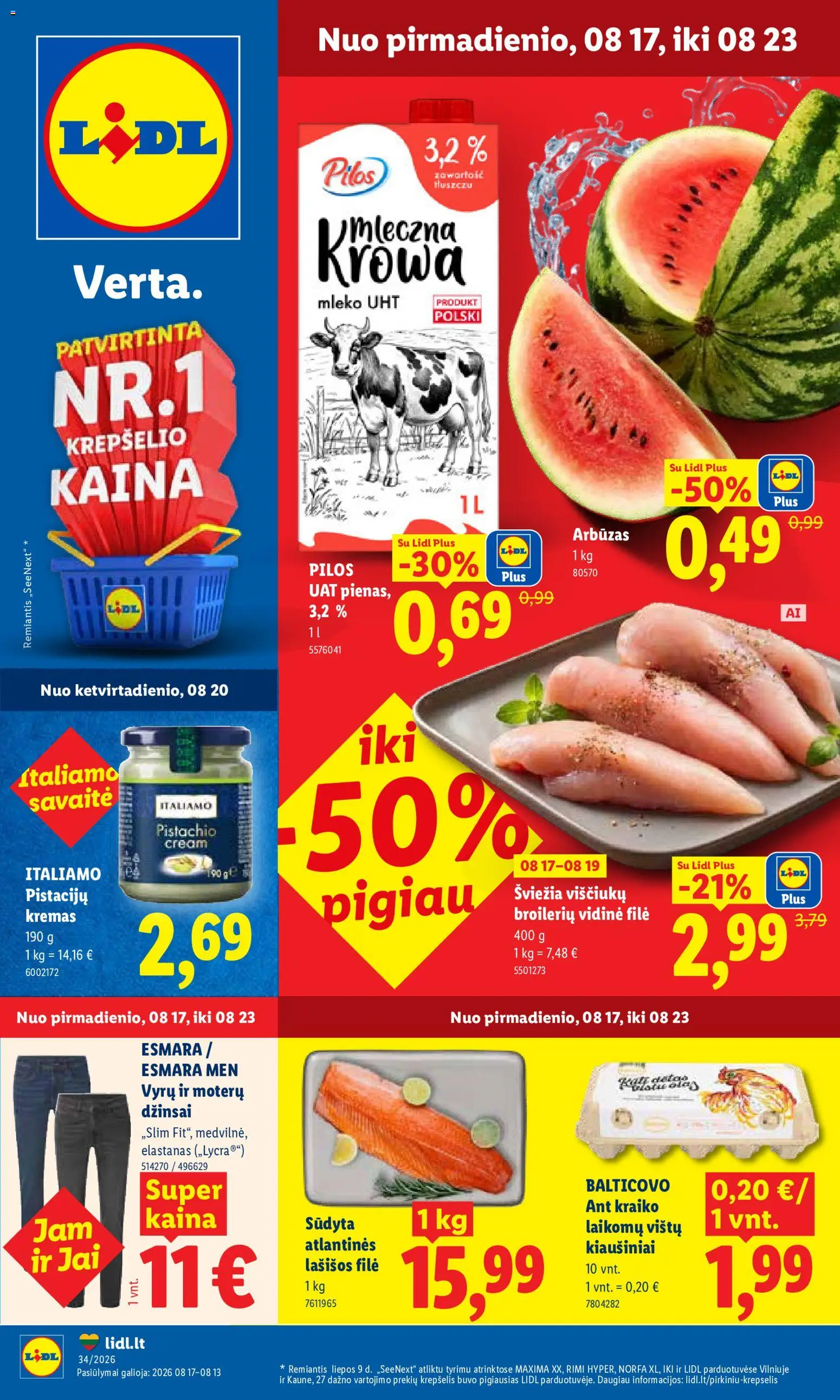 LIDL akcijos nuo 2026.08.17 | Puslapis: 1 | Prekių: Džinsai, Kiaušiniai, Lašišos, Krepšelis