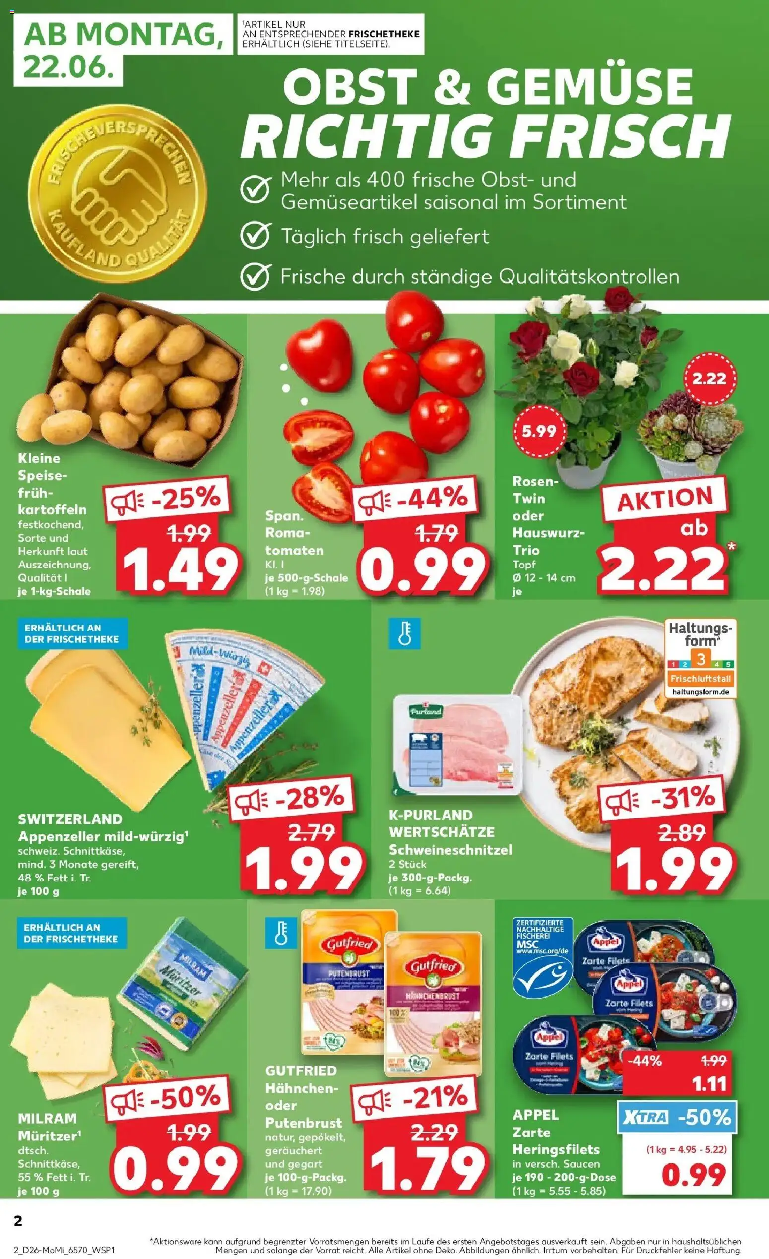 Kaufland Prospekt Gröbenzell – gültig ab 22.06.2026 | Seite: 2 | Produkte: Hahnchen, Tomaten, Schnitzel, Obst