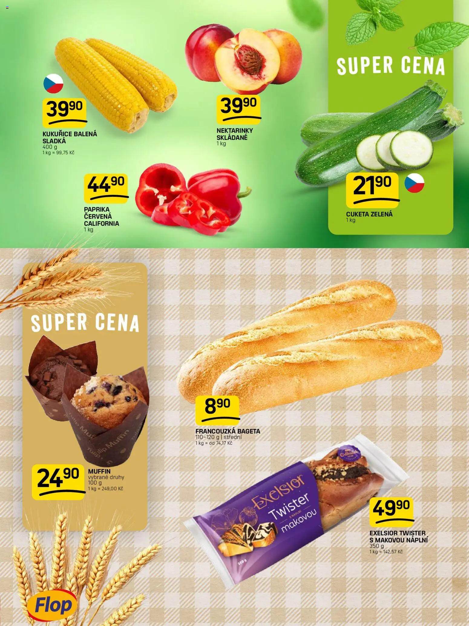 Flop leták od 19.08.2026 | Strana: 3 | Produkty: Cuketa, Kukuřice, Paprika červená, Bageta