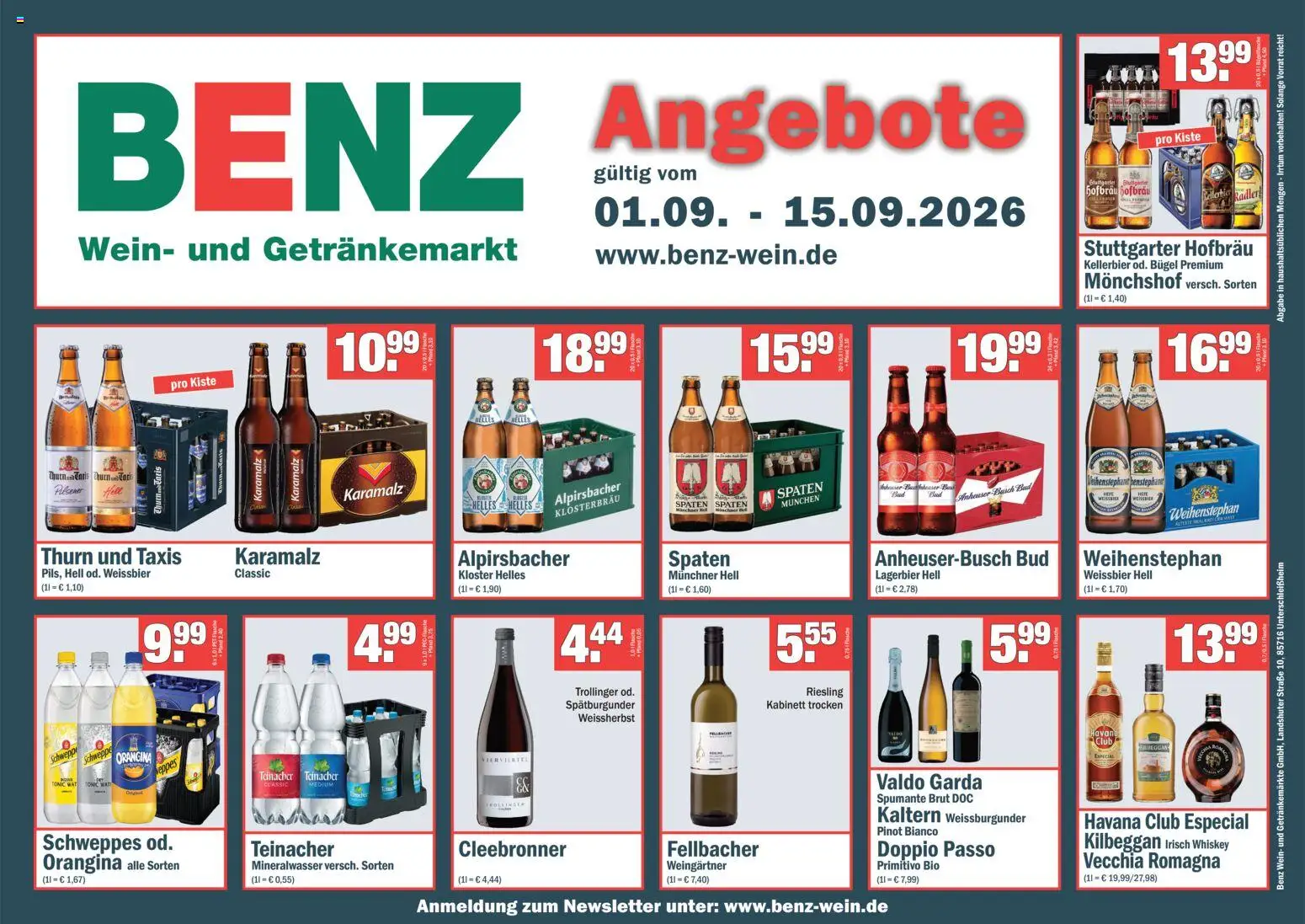 Benz Getränke Prospekt – gültig ab 01.09.2026 | Seite: 1 | Produkte: Havana club, Schweppes, Doppio Passo, Whiskey