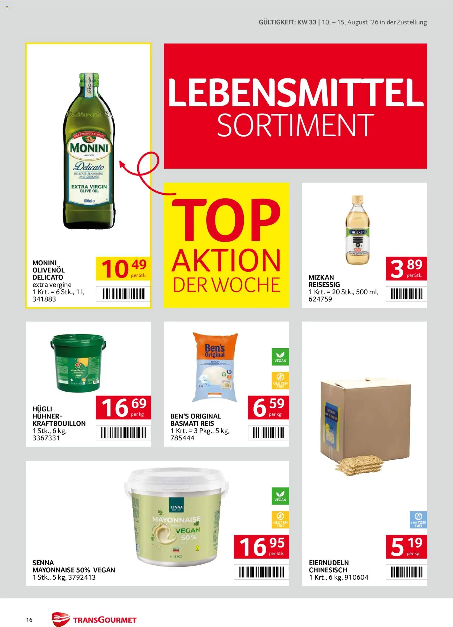 Transgourmet Zustellaktion gültig ab 10.08.2026 | Seite: 16 | Produkte: Mayonnaise, Libacomb, Reis