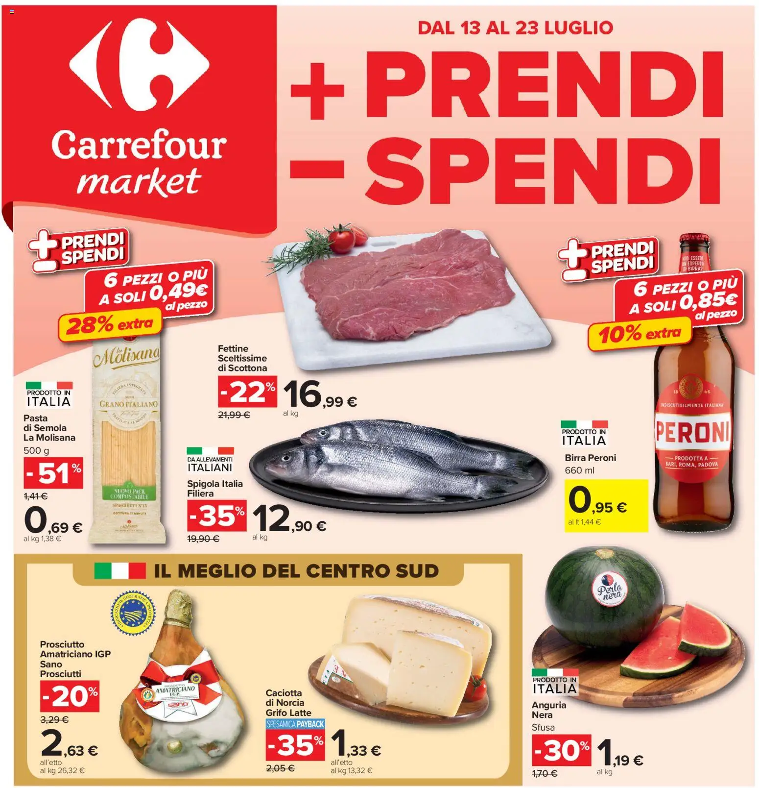 Volantino Carrefour del 13/07/2026 | Pagina: 1 | Prodotti: Birra, Prosciutto, Anguria, Spigola