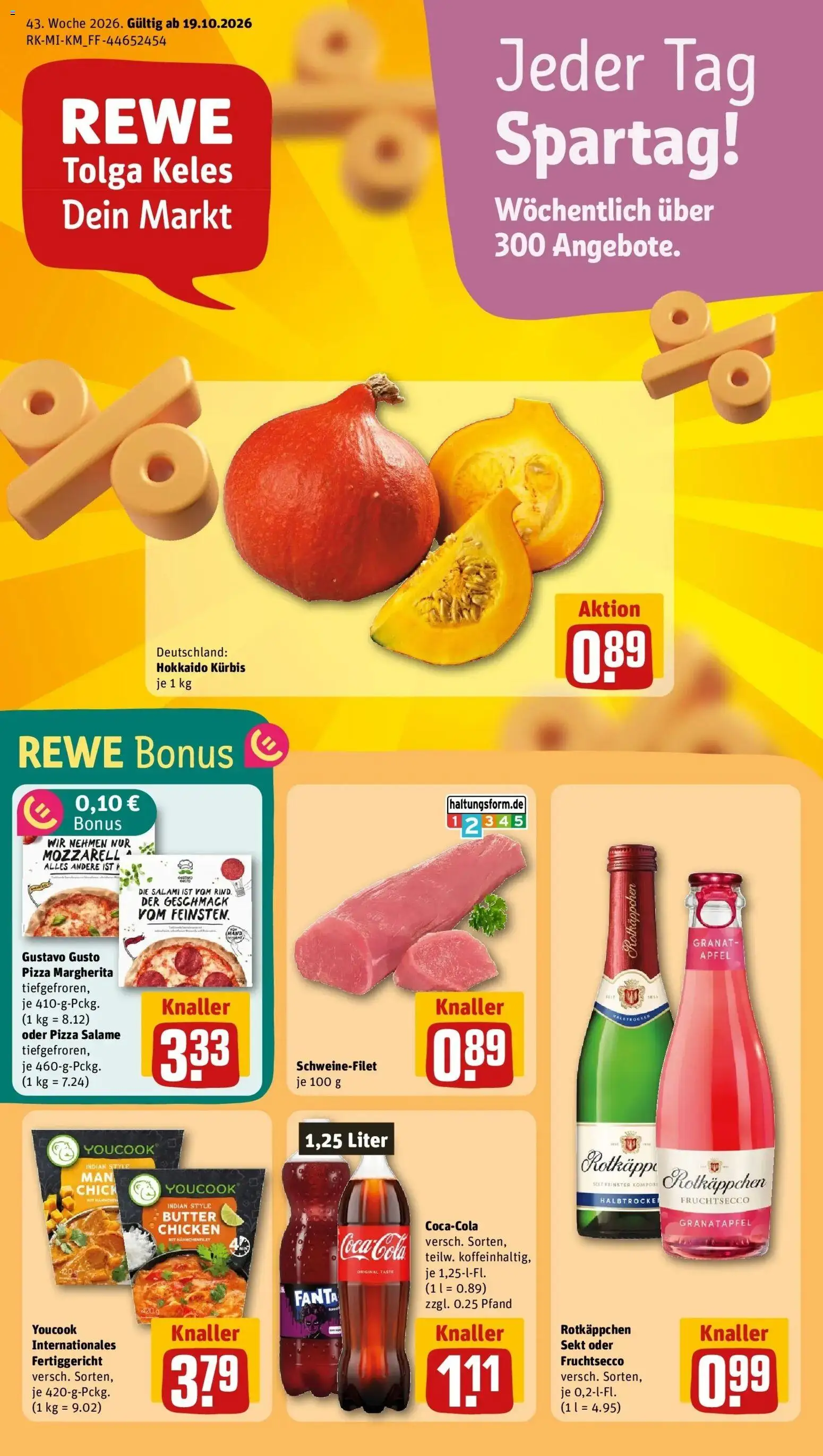 REWE Prospekt ab 19.10.2026 zum Blättern » Angebote | Seite: 1 | Produkte: Gustavo gusto, Sekt, Äpfel, Fruchtsecco