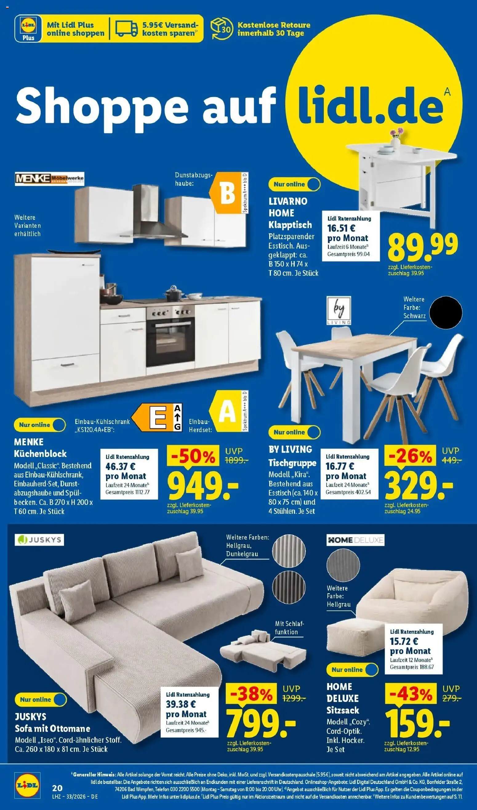Lidl Prospekt Malchow (ab 10.08.2026) zum Blättern » Angebote | Seite: 40 | Produkte: Küchenblock, Sitzsack, Esstisch, Sofa