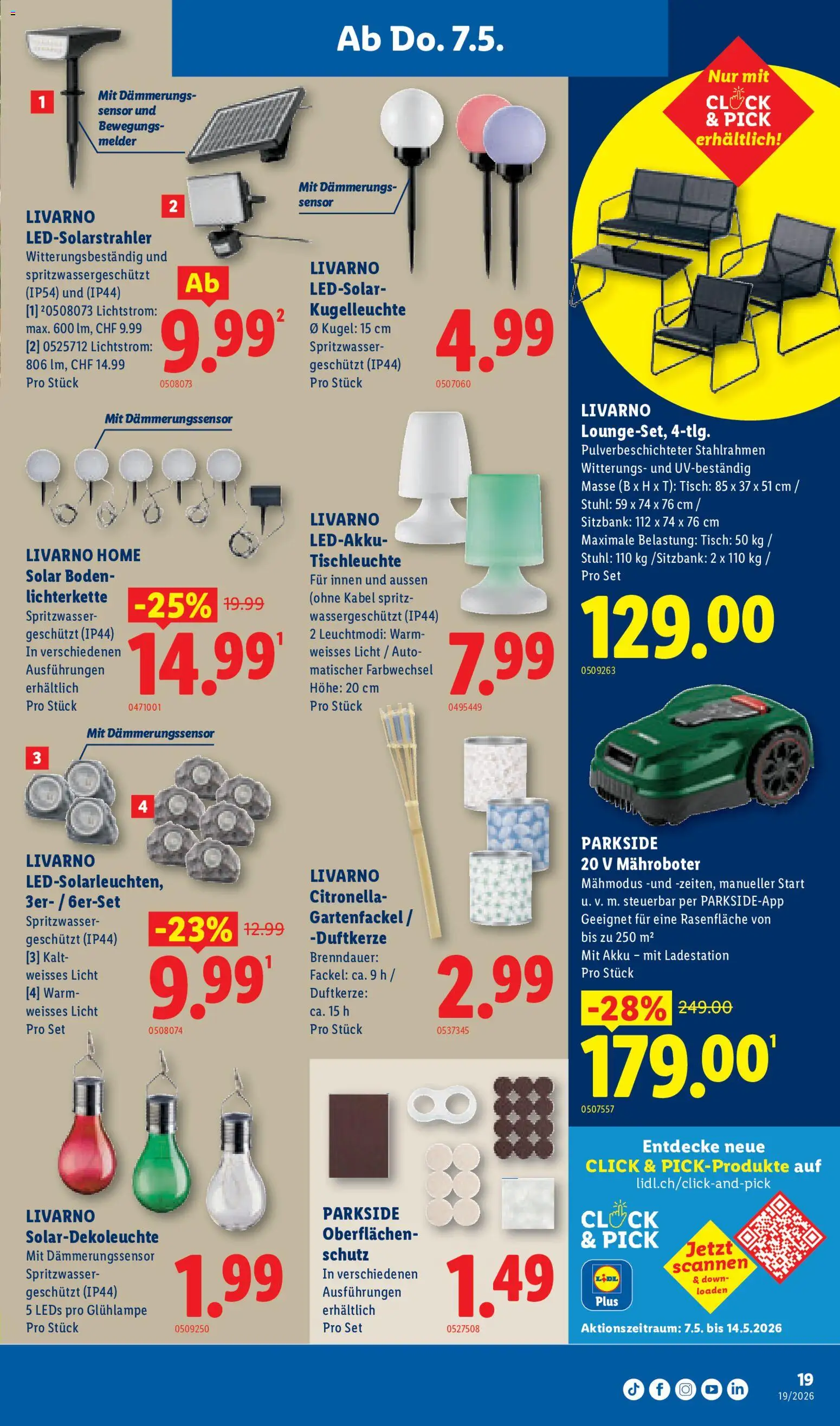 Lidl aktionen – gültig ab 07.05.2026 | Seite: 19 | Produkte: Tisch, Sitzbank, Stuhl, Kabel