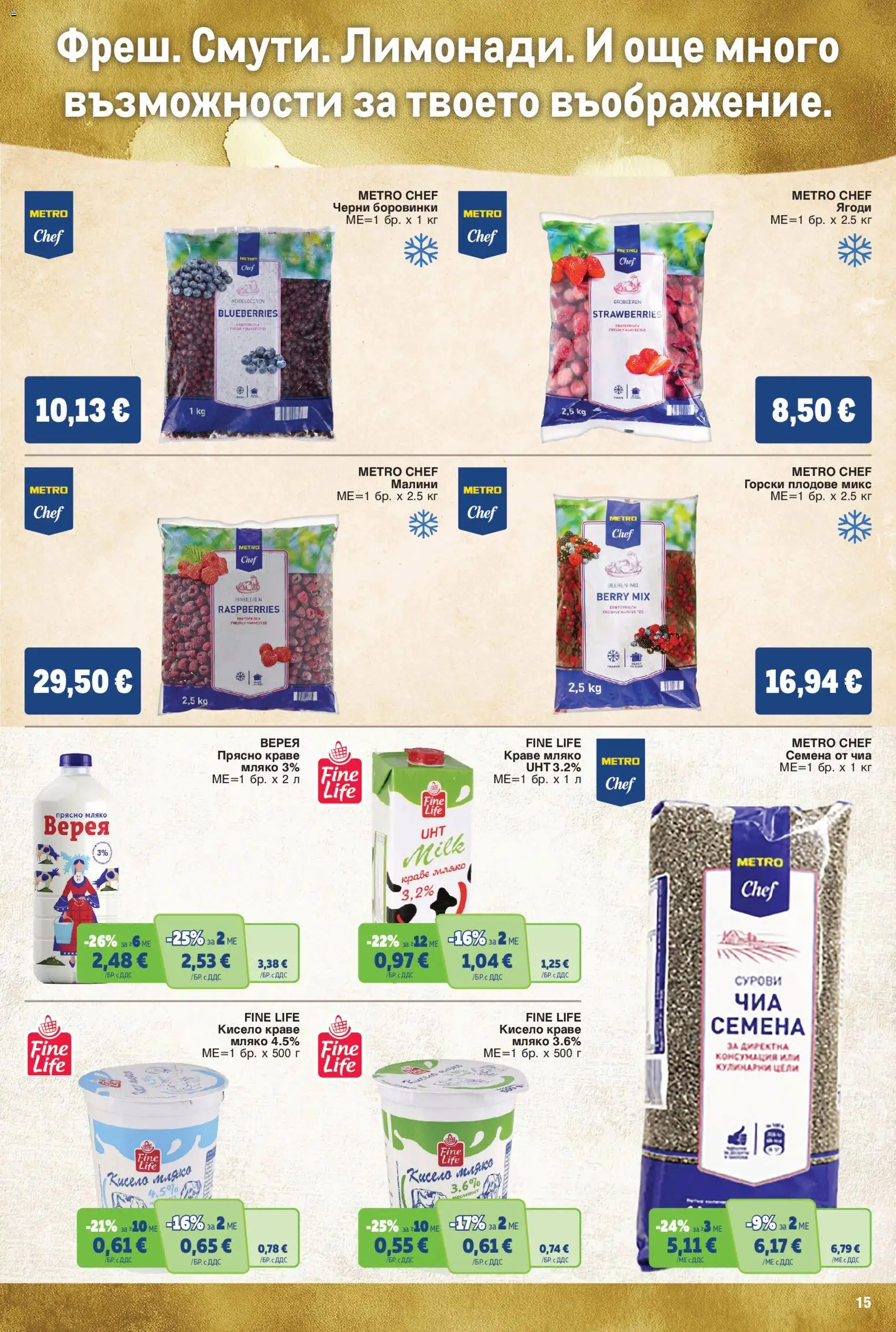{H1} | Страница: 15 | Продукти: Краве, Плодове, Боровинки, Малини