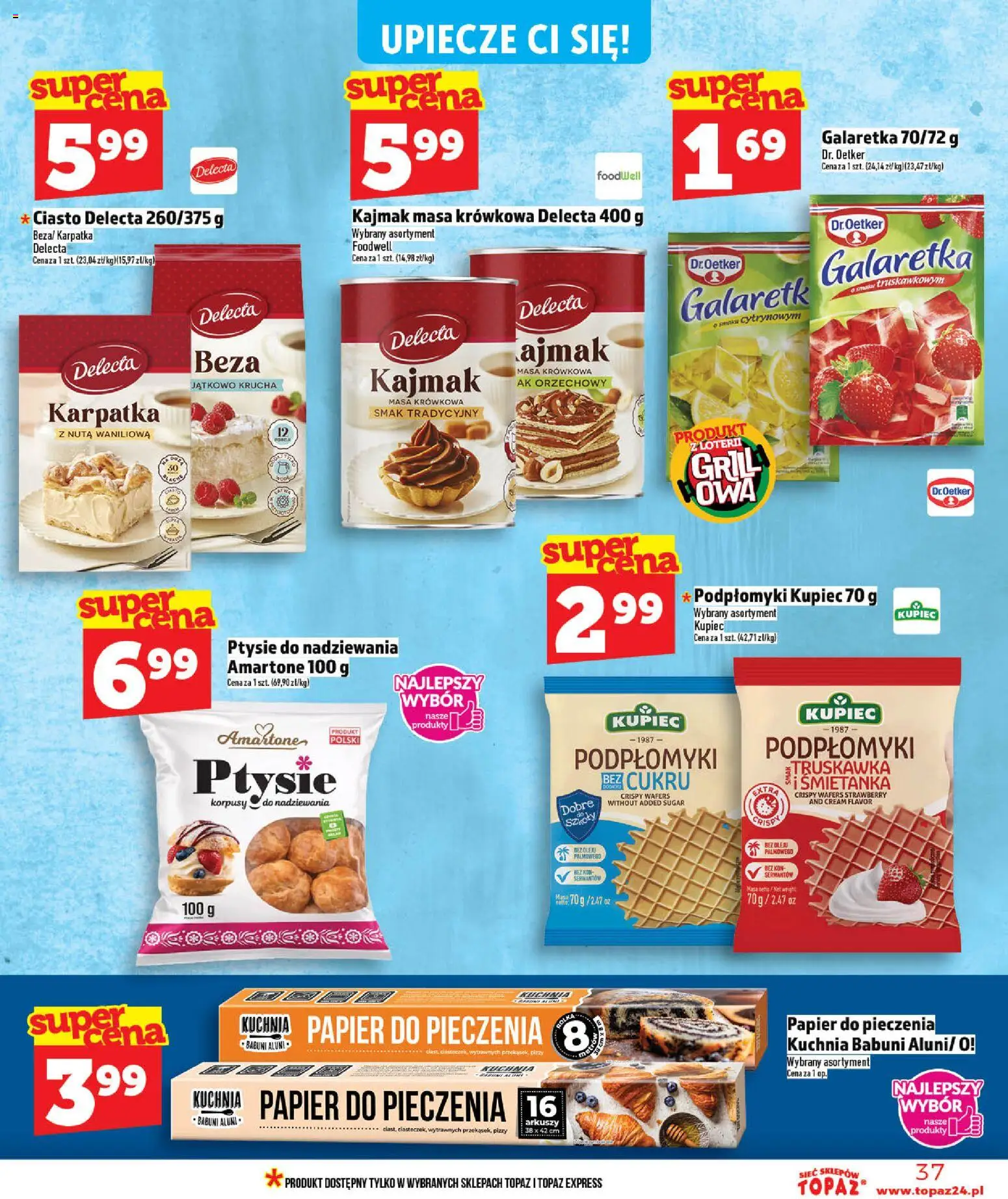 Topaz gazetka - MAZ od 14.05.2026 | Strona: 37 | Produkty: Galaretka, Ciasto, Papier do pieczenia, Kajmak