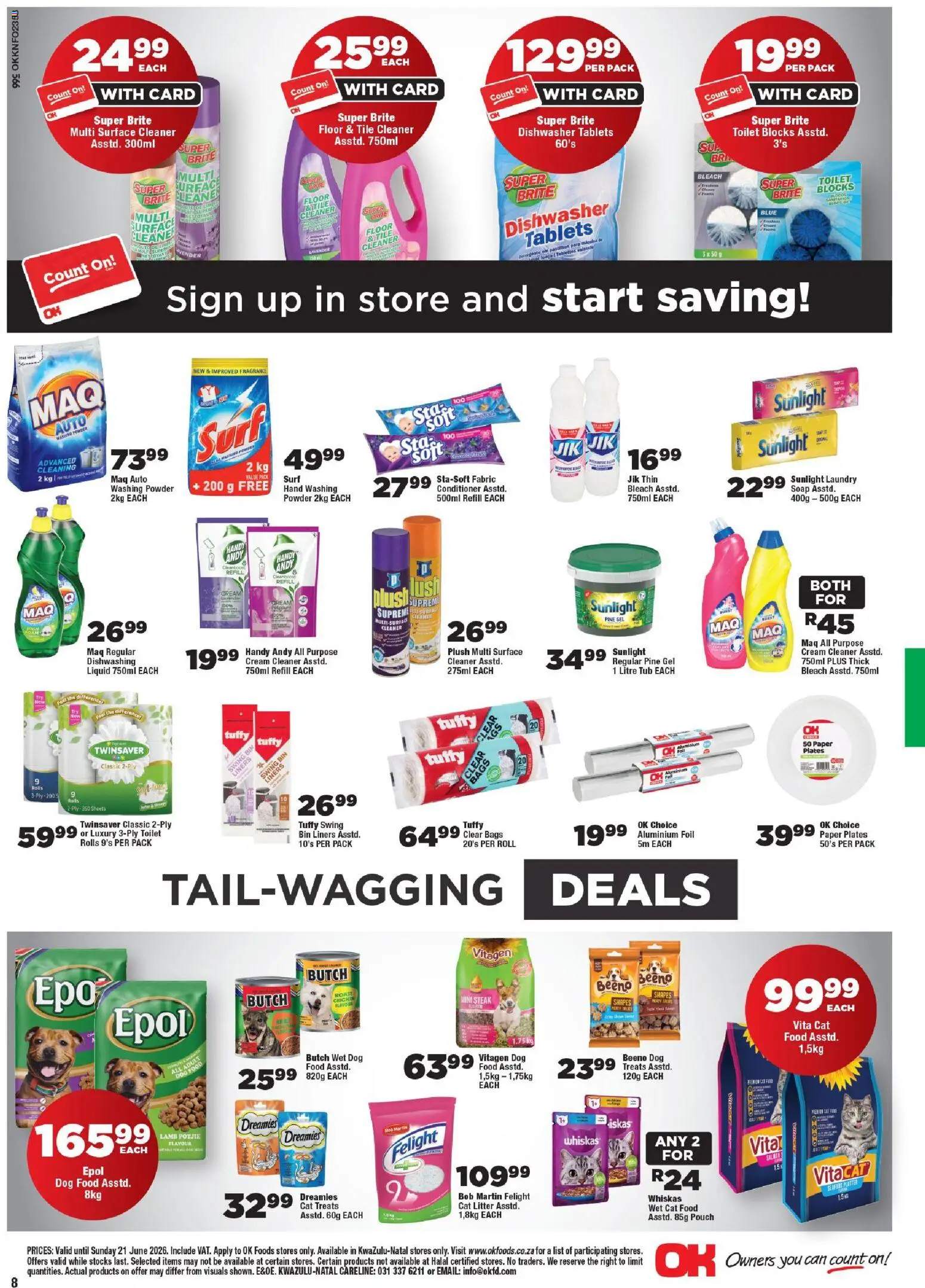 New OK Foods catalogue – valid from 10.06.2026 | Page: 8 | Products: Dishwasher, Bleach, Dishwasher tablets, Cat food