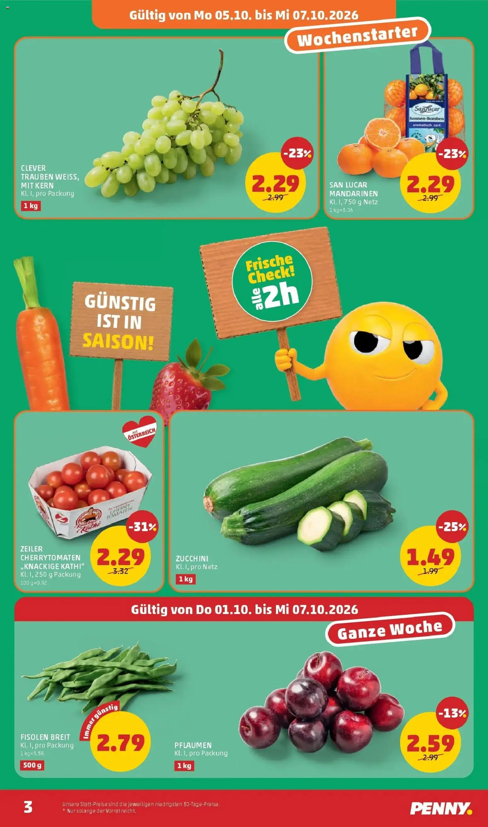 Penny Markt Die ganze Woche sparen ab (01.10.2026) - Angebote, Prospekt | Seite: 3 | Produkte: Mandarinen, Zucchini, Tomaten