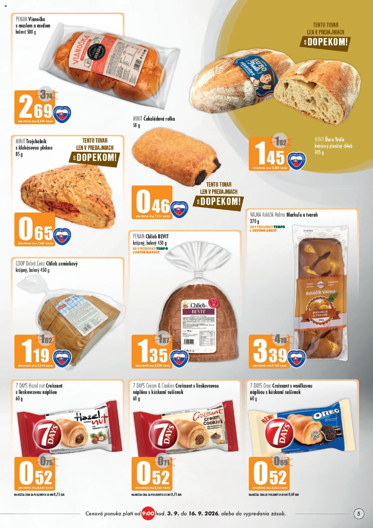 Nové COOP Jednota akcie – leták je platný od 03.09.2026 | Strana: 5 | Produkty: Chlieb, Vianočka, Oreo, Tvaroh