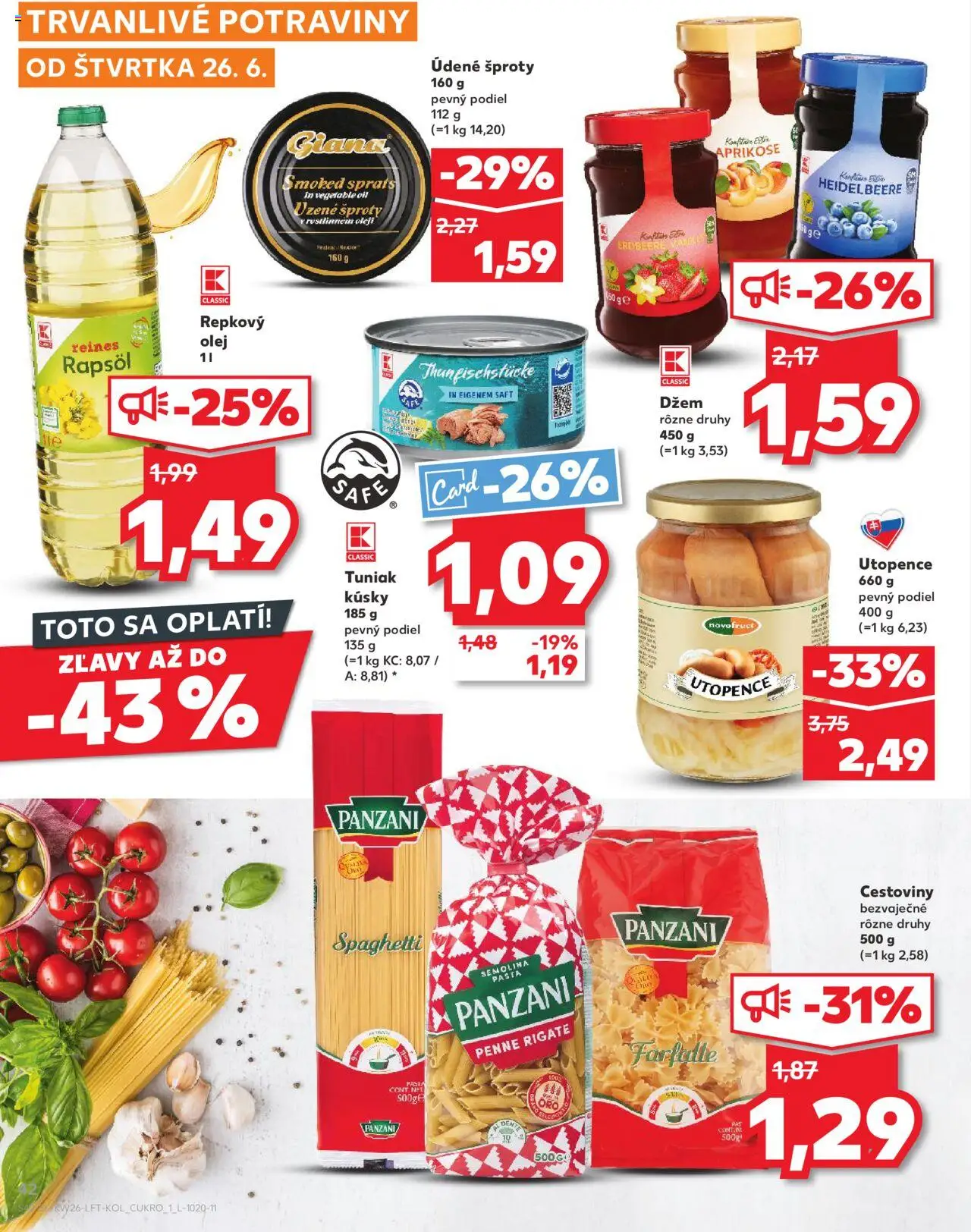 Nové Kaufland akcie – leták je platný od 26.06.2025 | Strana: 42 | Produkty: Olej, Tuniak, Cestoviny, Cestoviny Panzani