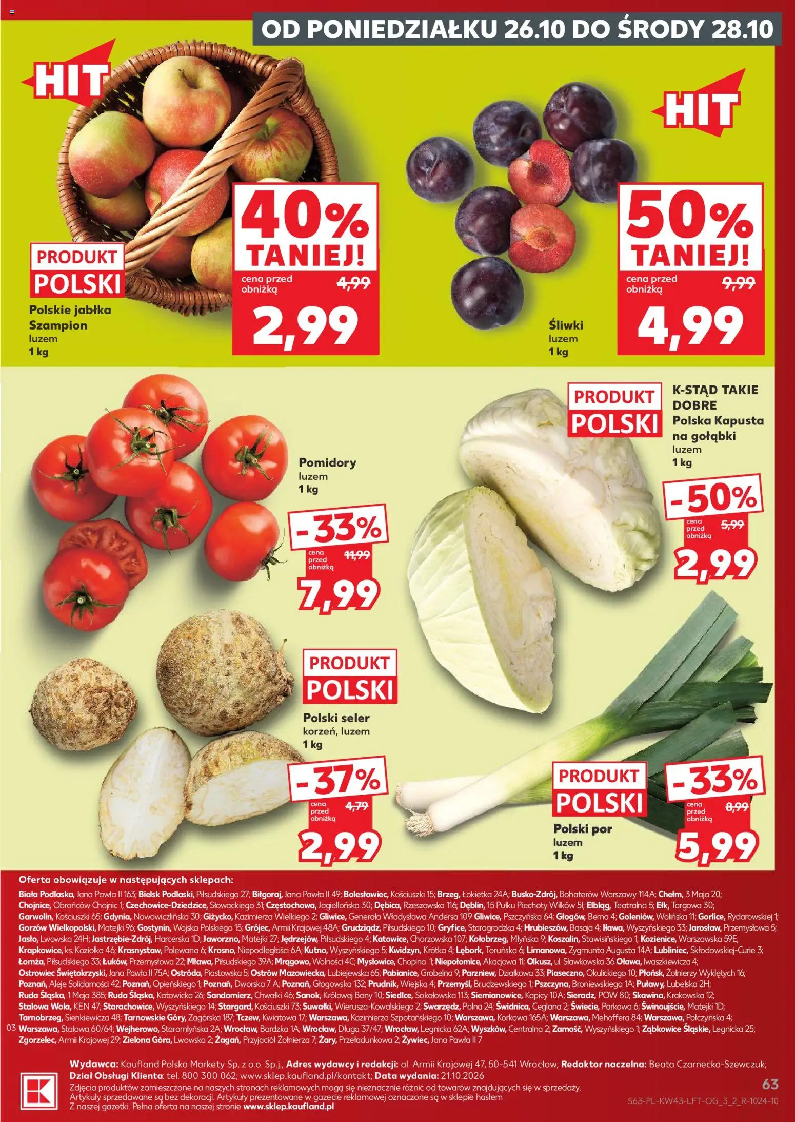 Kaufland gazetka od 22.10.2026 | Strona: 63 | Produkty: Kapusta, Kapusta na gołąbki, Por, Jabłka