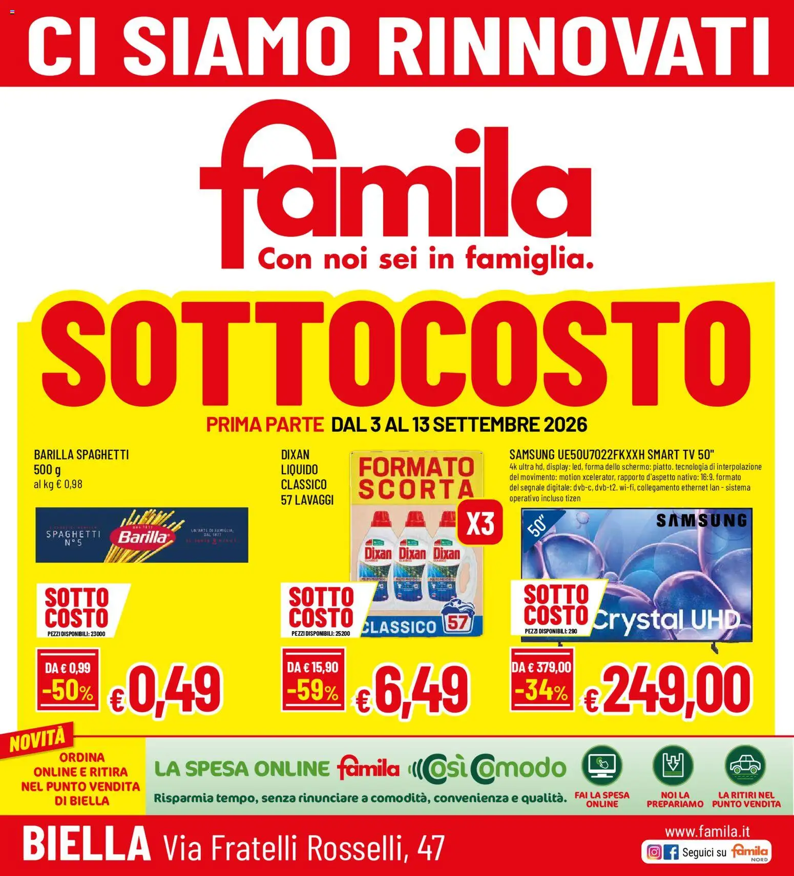 Volantino Famila del 03/09/2026 | Pagina: 1 | Prodotti: smart TV, Barilla, TV, Spaghetti