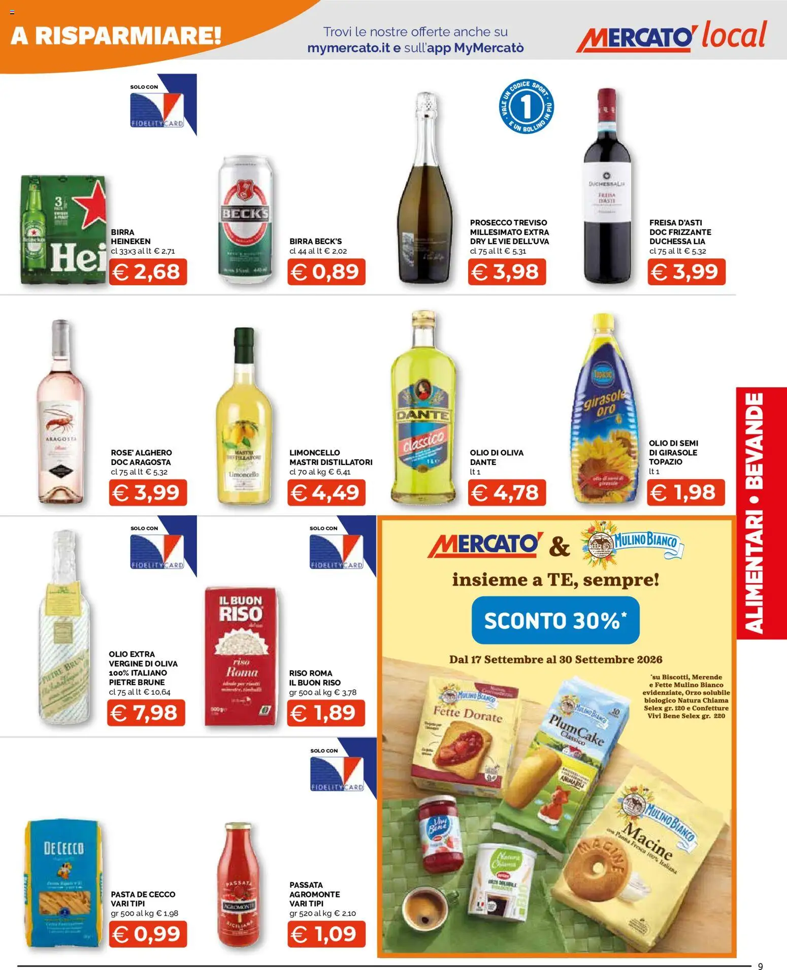 Volantino Mercatò del 17/09/2026 | Pagina: 9 | Prodotti: Prosecco, Bevande, Heineken, Olio di Oliva