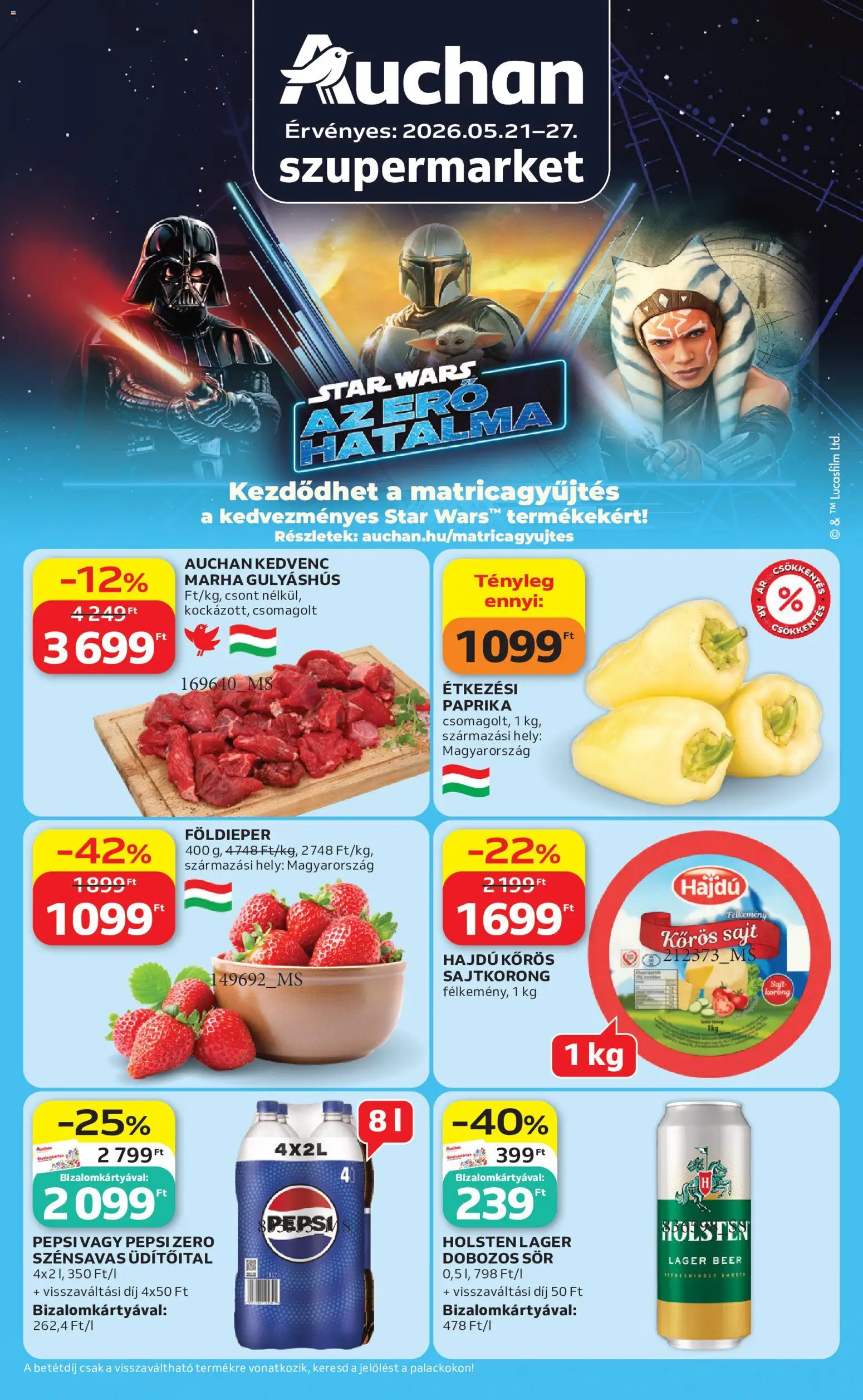 Auchan akciós ujság - amely érvényes a következő dátumtól: 21.05.2026 | Oldal: 1 | Termékek: Pepsi, Sajt, Dobozos sör, Sör