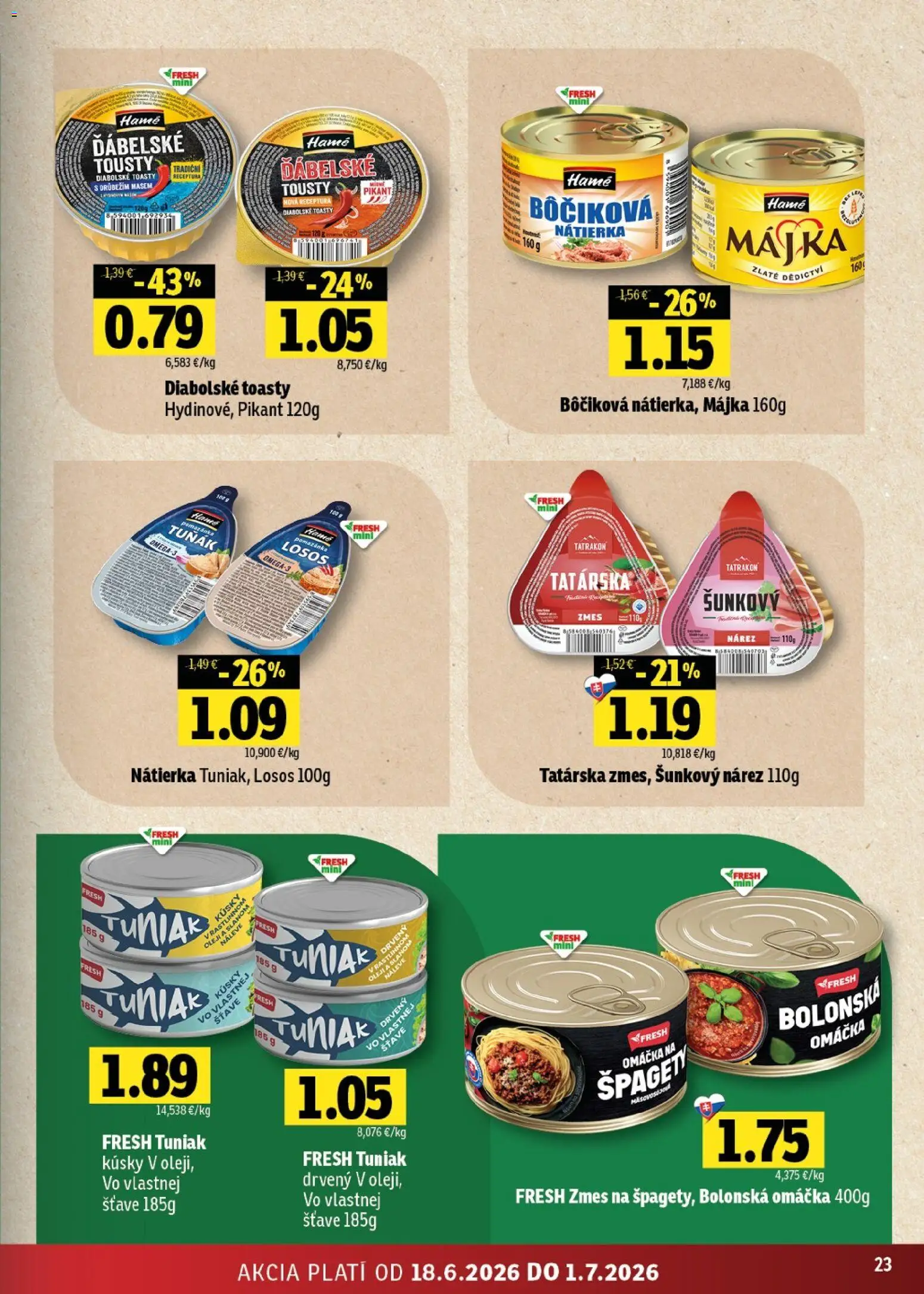 Nové Fresh akcie – leták je platný od 18.06.2026 | Strana: 23 | Produkty: Tuniak, Losos, Omáčka, Špagety