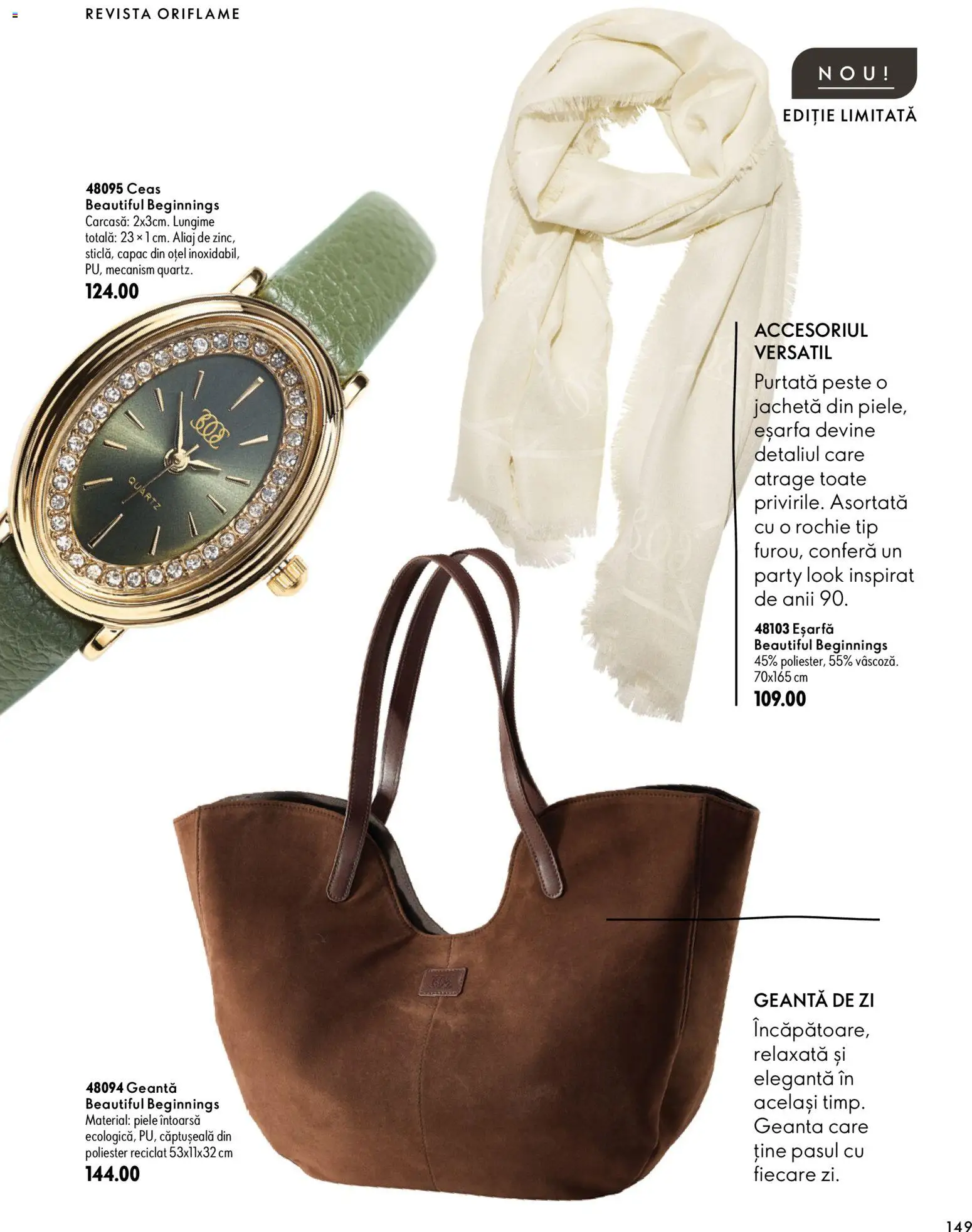 Noul catalog Oriflame – valabil de la 30.09.2026 | Pagină: 149 | Produse: Eșarfă, Ceas, Geantă, Jachetă
