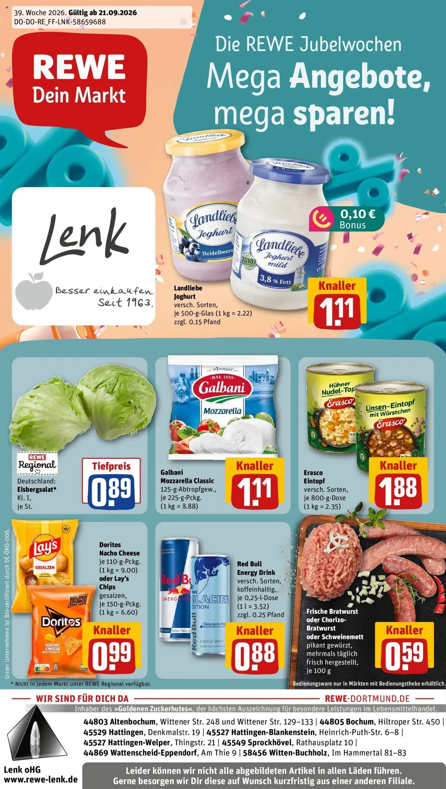 REWE Prospekt ab 21.09.2026 zum Blättern » Angebote | Seite: 1 | Produkte: Joghurt, Mozzarella, Erasco, Chips