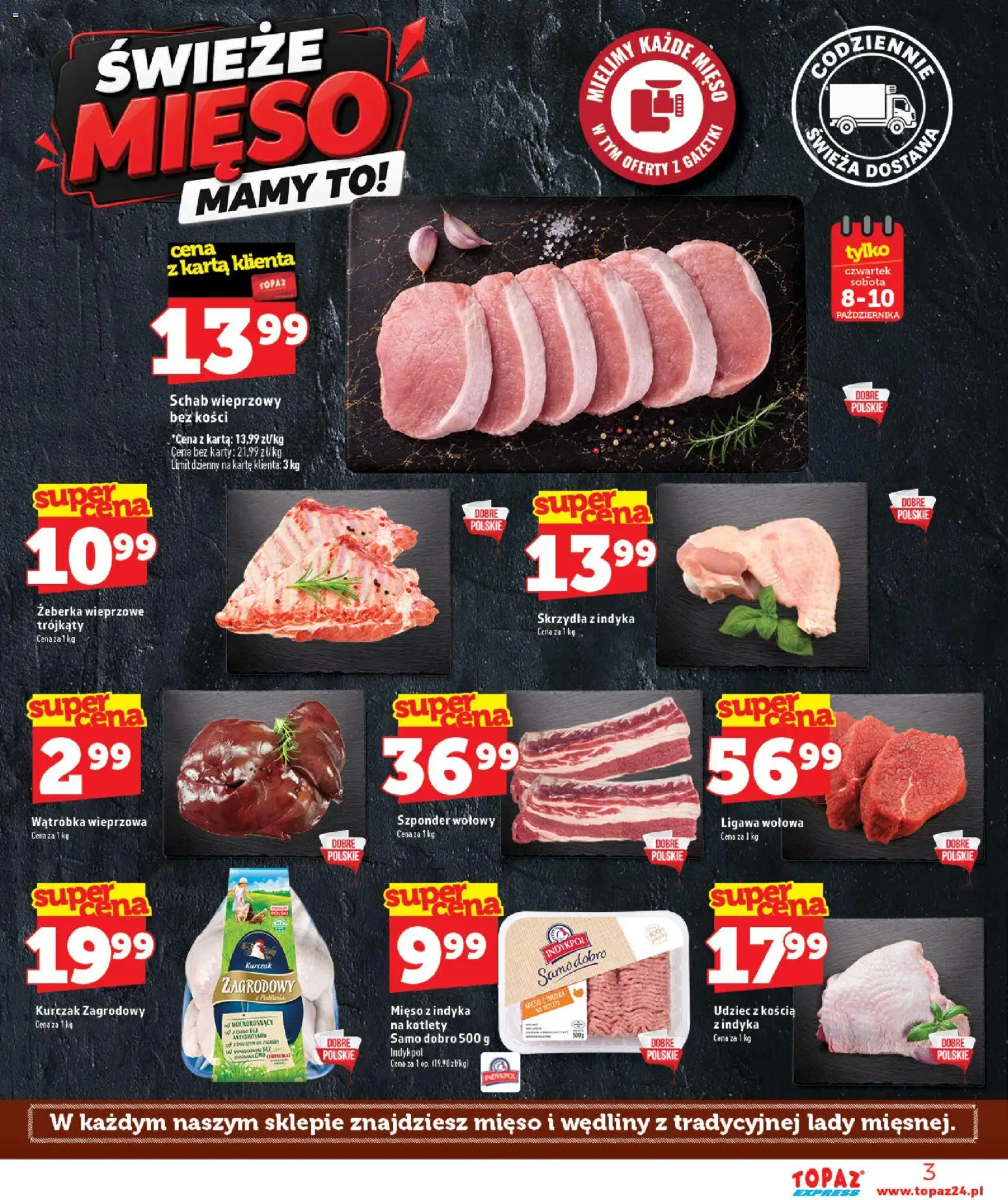 Topaz gazetka - Express od 08.10.2026 | Strona: 3 | Produkty: Żeberka wieprzowe, Schab, Mięso, Wędliny