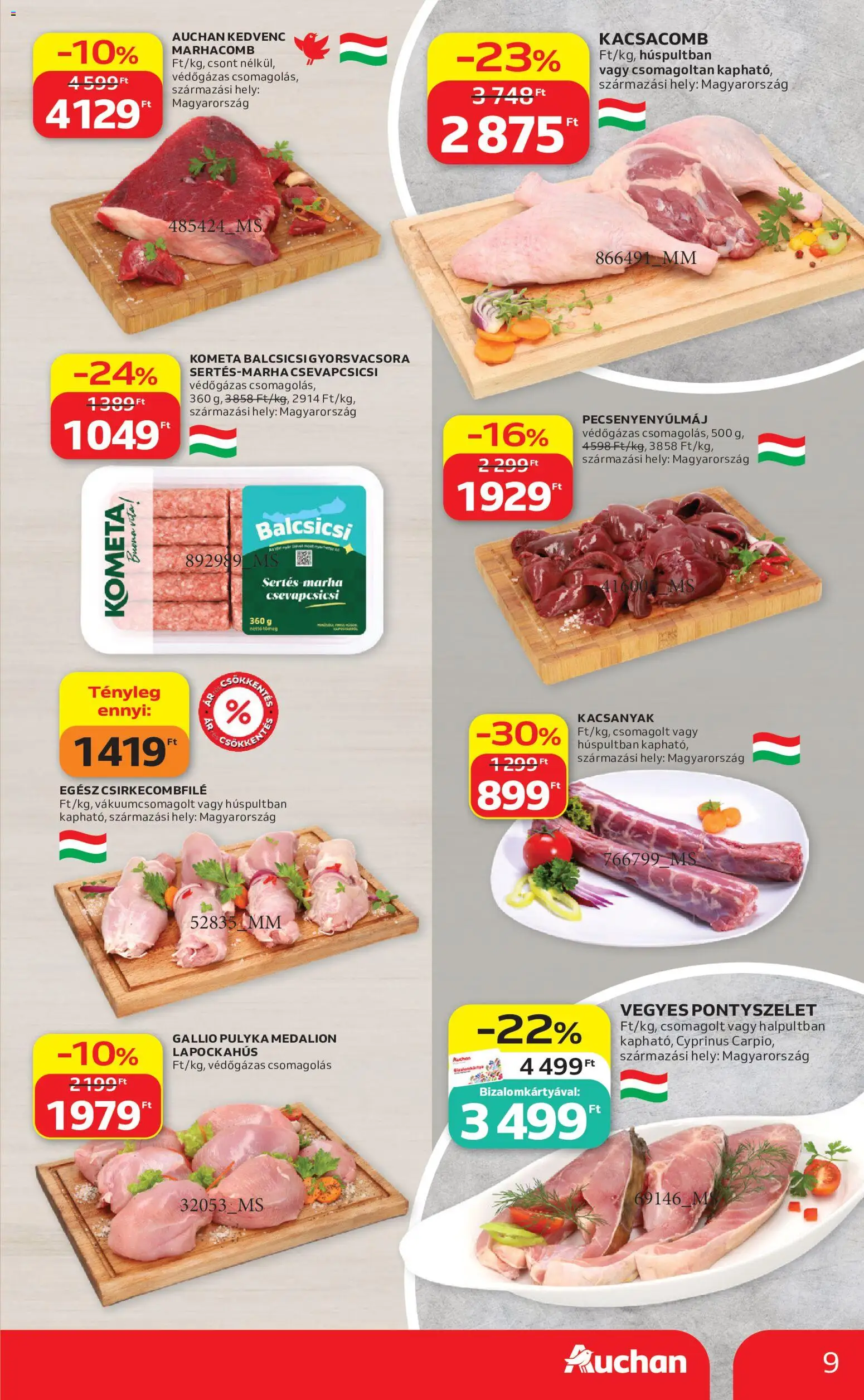 Auchan akciós ujság - amely érvényes a következő dátumtól: 2026.10.01. | Oldal: 9 | Termékek: Kacsacomb, Csirkecombfile, Kometa, Marhacomb