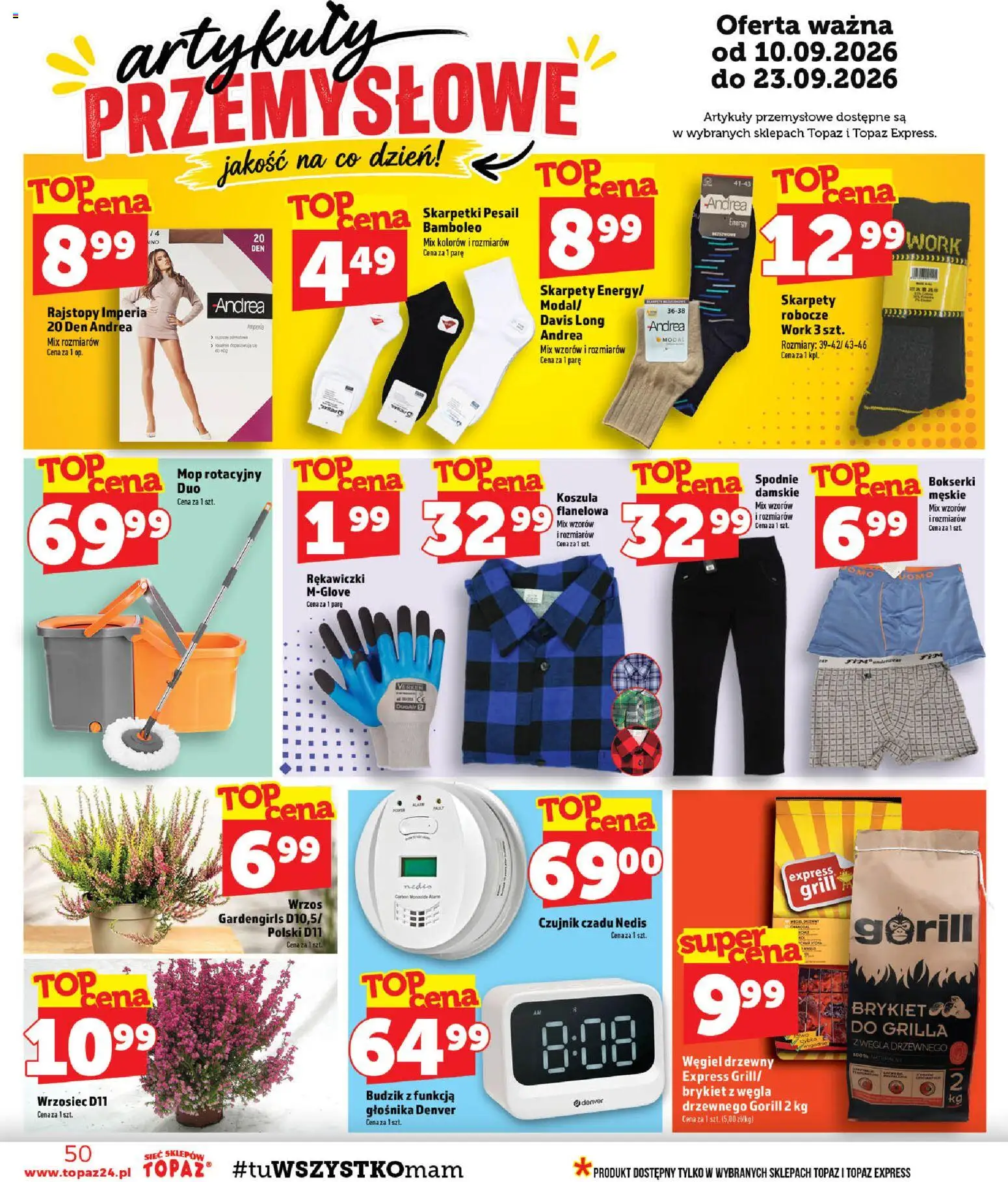 Topaz gazetka - Ceny małe na stałe od 10.09.2026 | Strona: 50 | Produkty: Koszula, Skarpetki, Węgiel drzewny, Grill