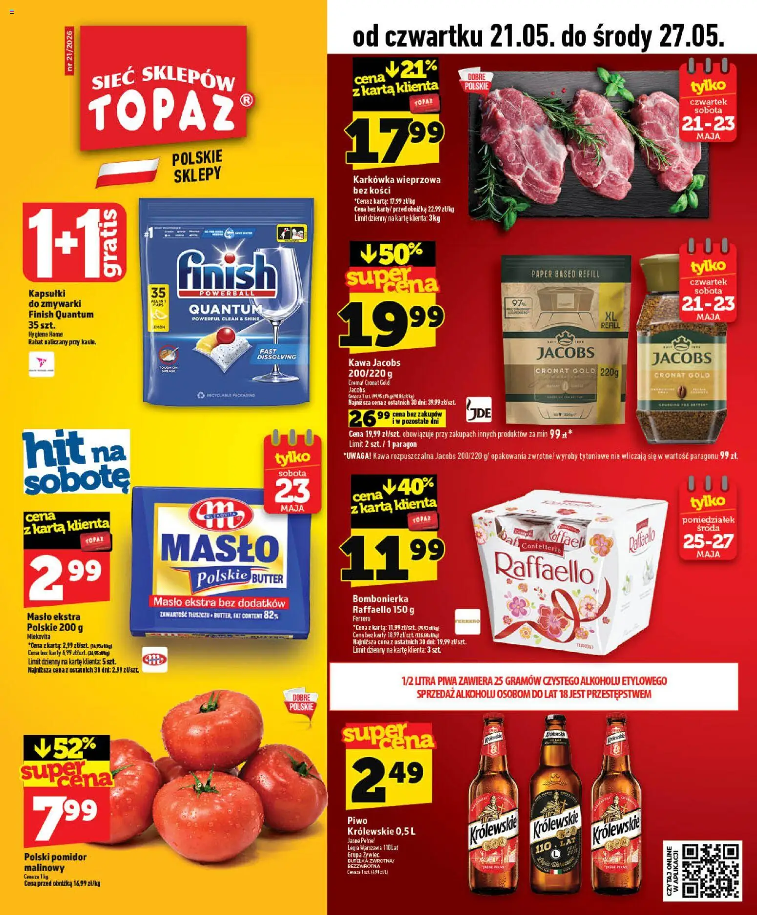 Topaz gazetka - MAZ od 21.05.2026 | Strona: 1 | Produkty: Kawa jacobs, Kawa rozpuszczalna, Piwo, Finish