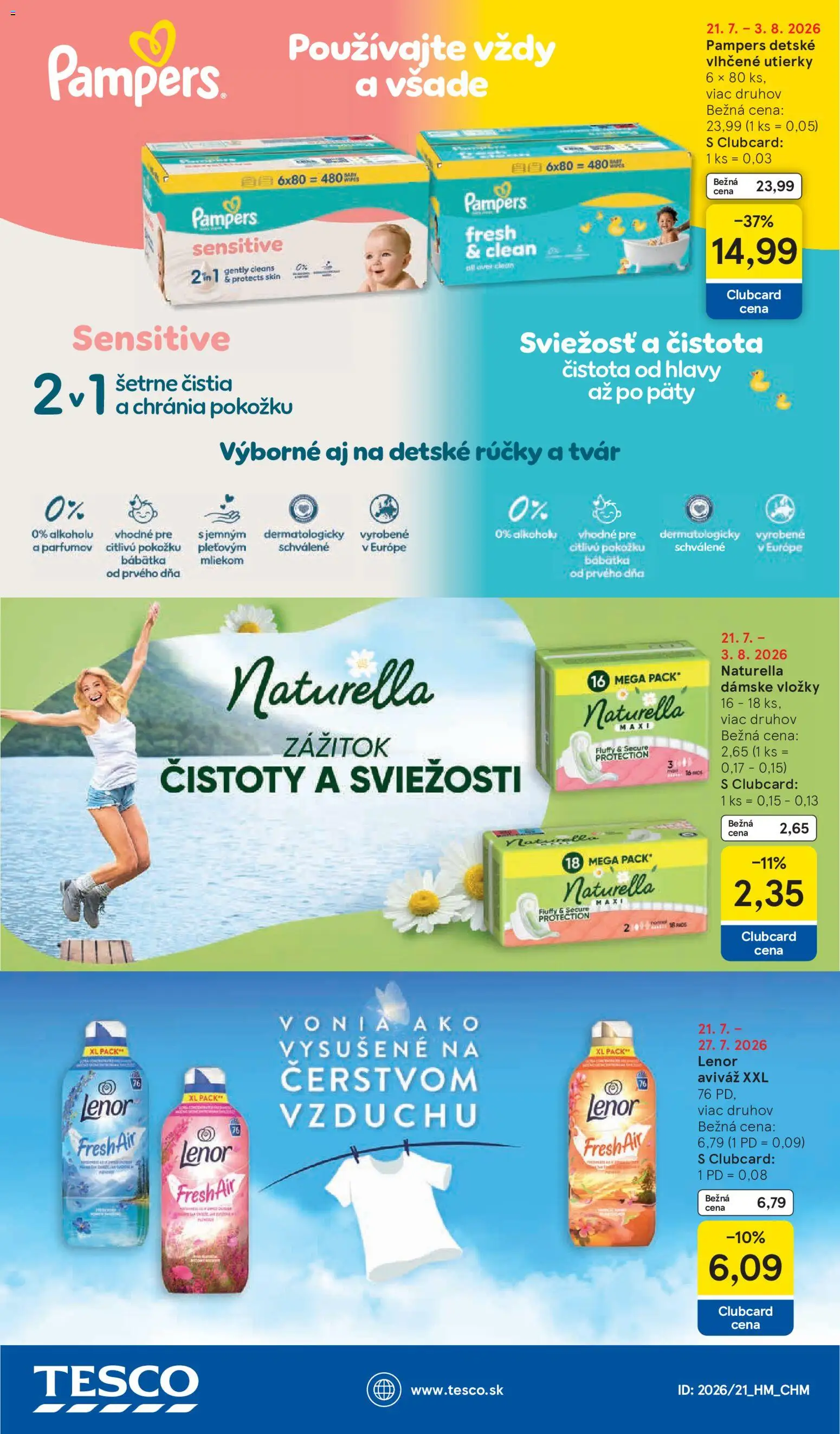 Nové Tesco akcie – leták je platný od 22.07.2026 | Strana: 50 | Produkty: Aviváž, Utierky, Pampers, Lenor