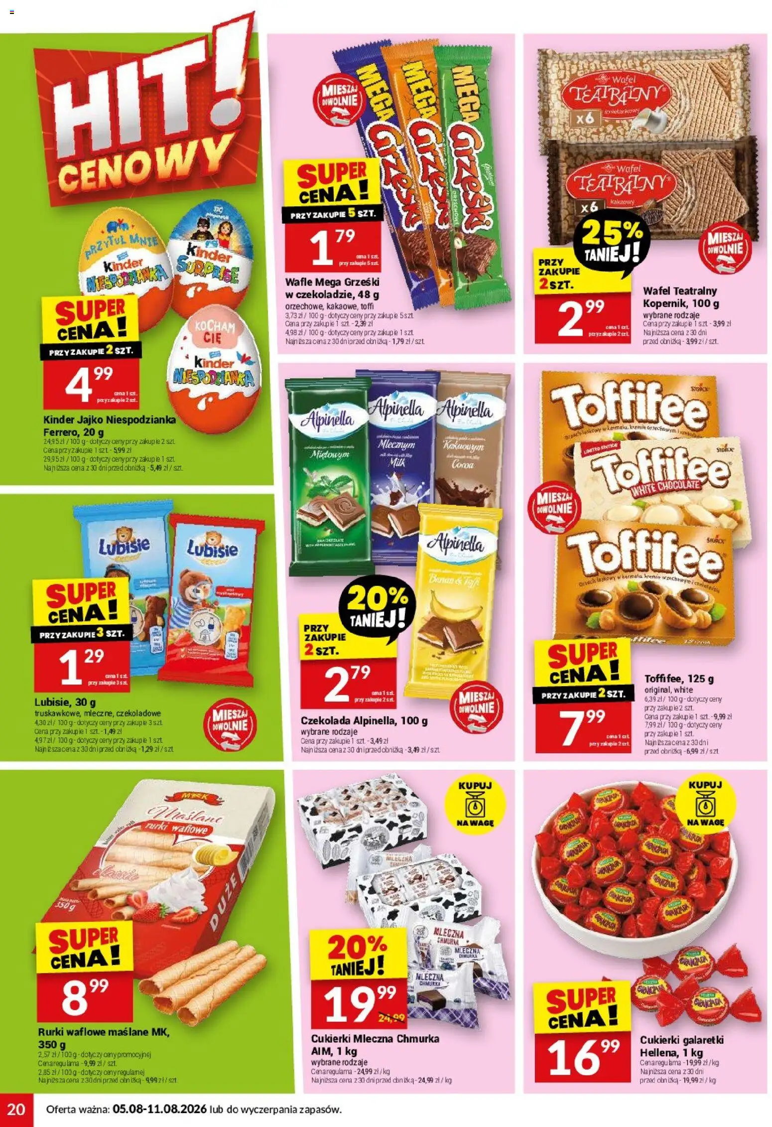 Twój Market gazetka od 05.08.2026 | Strona: 20 | Produkty: Wafle, Czekolada, Cukierki, Rurki waflowe