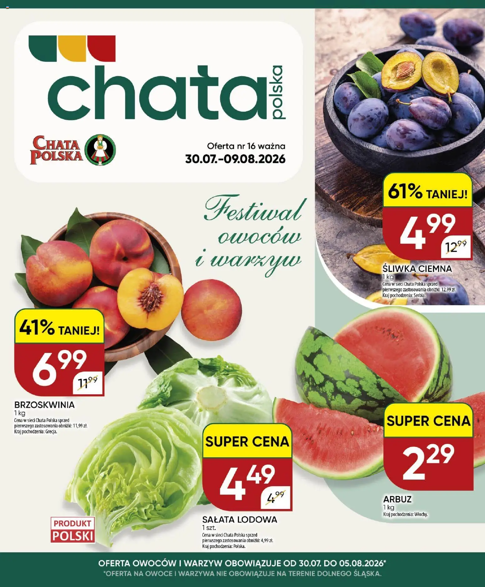 Chata Polska gazetka od 30.07.2026 | Strona: 1 | Produkty: Brzoskwinia, Arbuz, Warzywa, Owoce