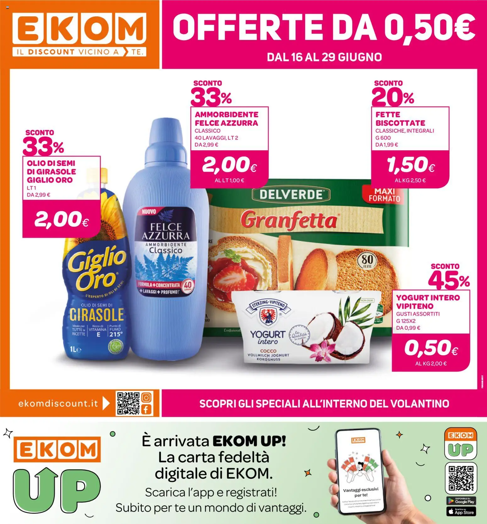 Volantino Ekom del 16.06.2026 | Pagina: 1 | Prodotti: Yogurt, Tè, Cocco, Olio di semi di girasole