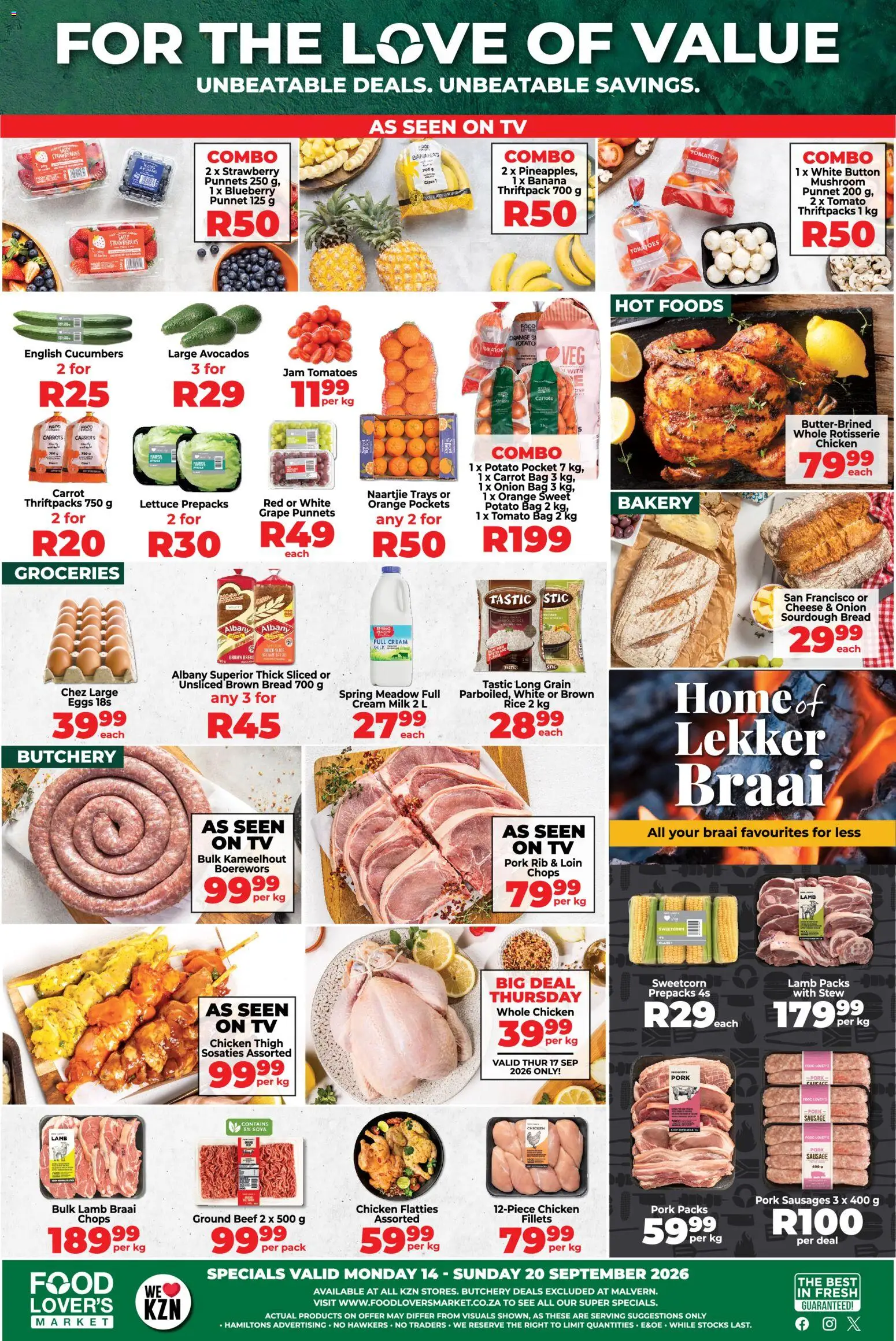 New Food Lover's Market catalogue – valid from 14/09/2026 | Page: 1 | Products: Boerewors, Pork, Bananas, Cucumbers