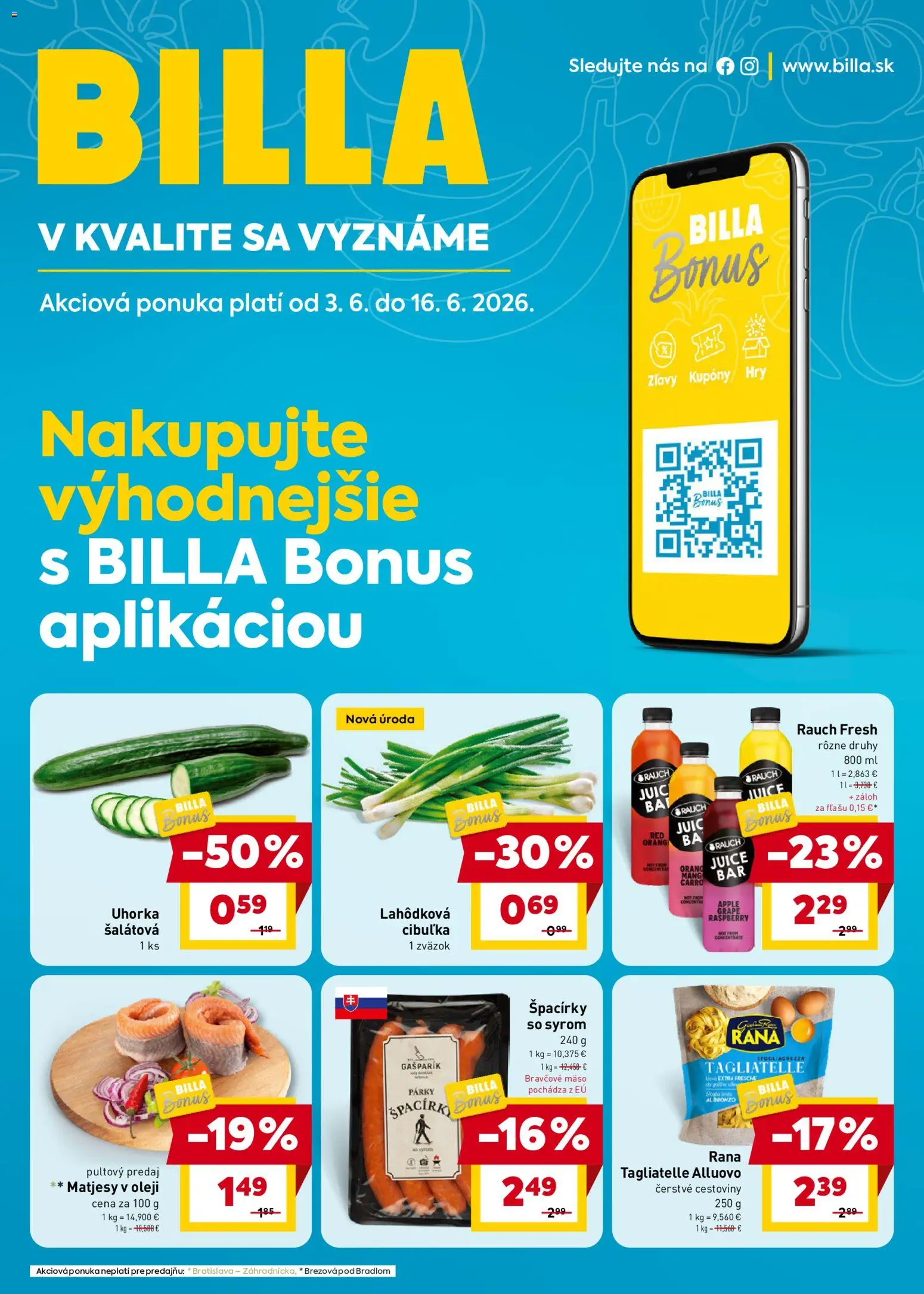 Nové Billa akcie – leták je platný od 03.06.2026 | Strana: 1 | Produkty: Cestoviny, Apple, Bravčové mäso, Párky