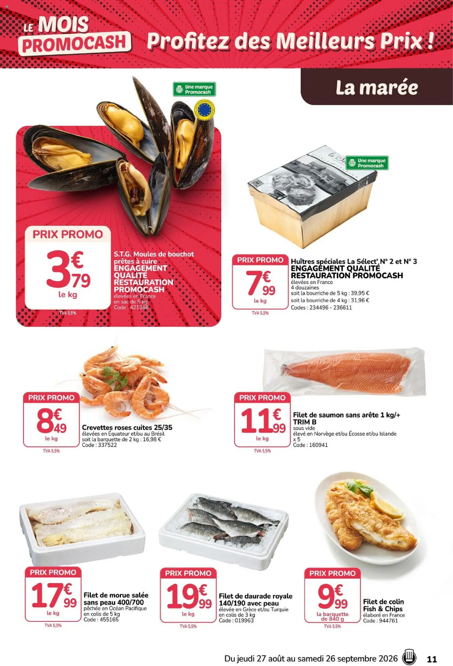 {H1} | Page: 11 | Produits: Crevettes, Morue, Huîtres, Saumon