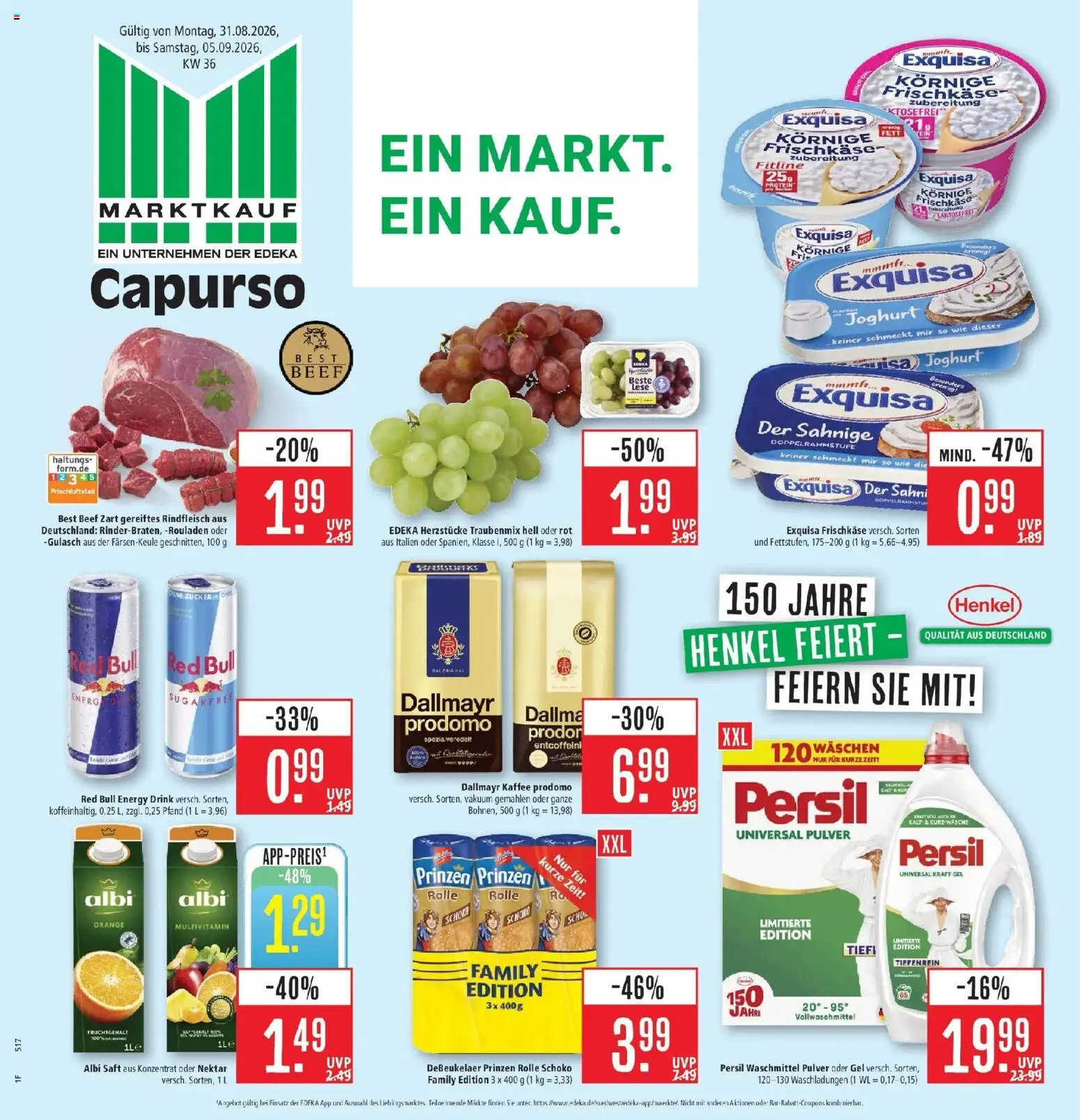 Marktkauf Prospekt Schorndorf (ab 31.08.2026) » Angebote online | Seite: 1 | Produkte: Energy, Joghurt, Dallmayr prodomo, Frischkase