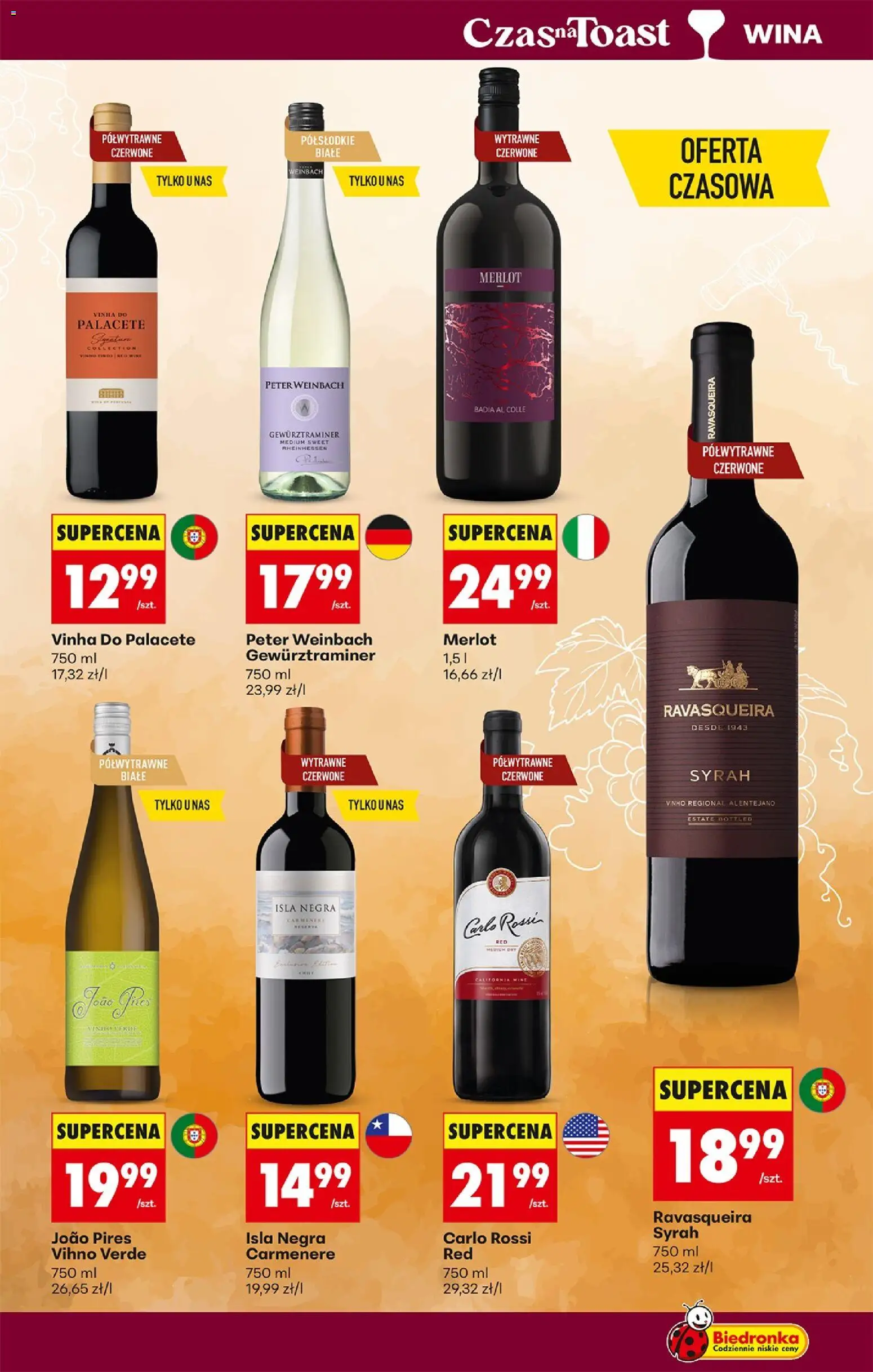 Biedronka gazetka - Czas na toast od 21.09.2026 | Strona: 3 | Produkty: Merlot, Wina półwytrawne, Carlo Rossi, Gewurztraminer