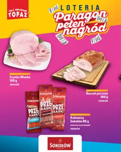 Pogląd oferty "Topaz gazetka - Loteria Paragonowa" - ważna od 24.08.2026 | Strona: 46 | Produkty: Kabanosy, Szynka, Boczek, Boczek parzony