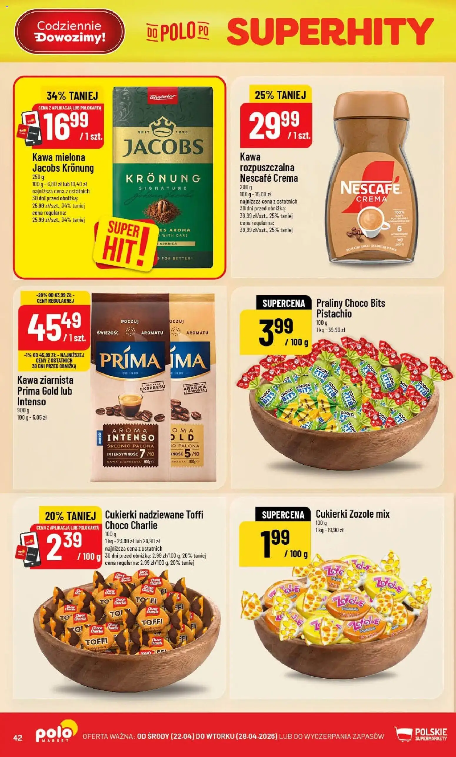POLOmarket gazetka od 22.04.2026 | Strona: 42 | Produkty: Praliny, Kawa ziarnista, Kawa, Cukierki