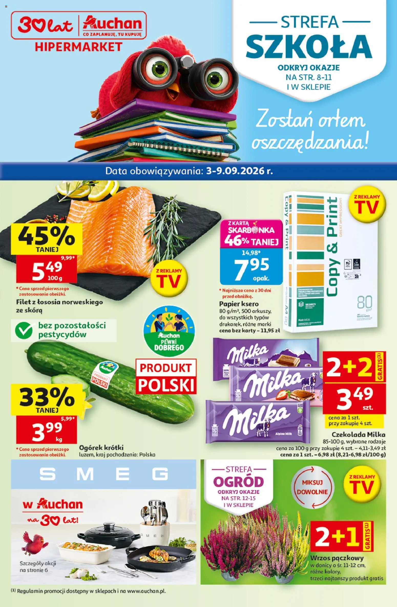 Auchan gazetka - 30 Lat Hipermarket od 03.09.2026 | Strona: 1 | Produkty: Czekolada milka, Milka, Ogórek, Filet