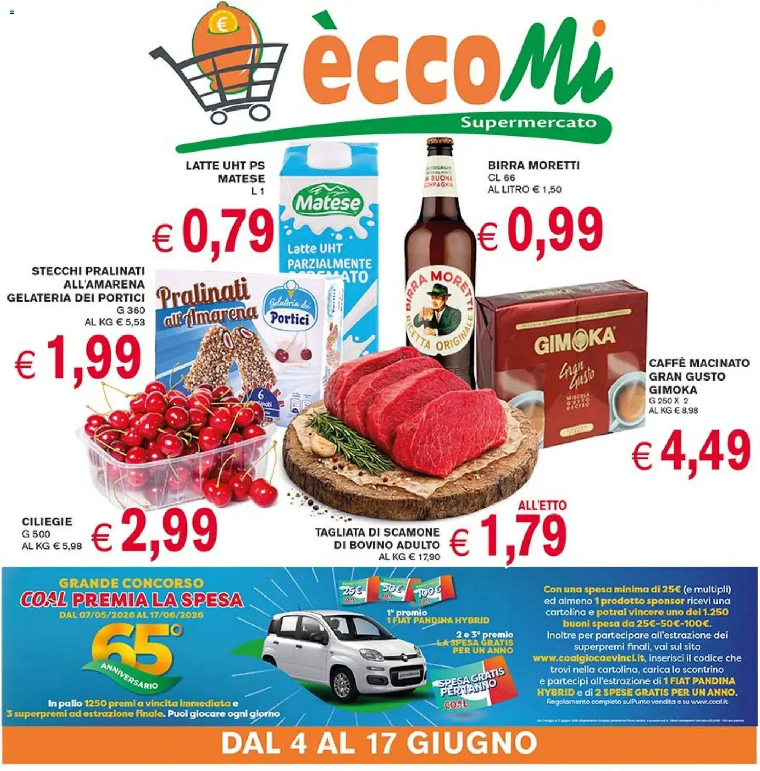 Volantino Coal del 04/06/2026 | Pagina: 1 | Prodotti: Bovino, Latte, Birra Moretti, Amarena