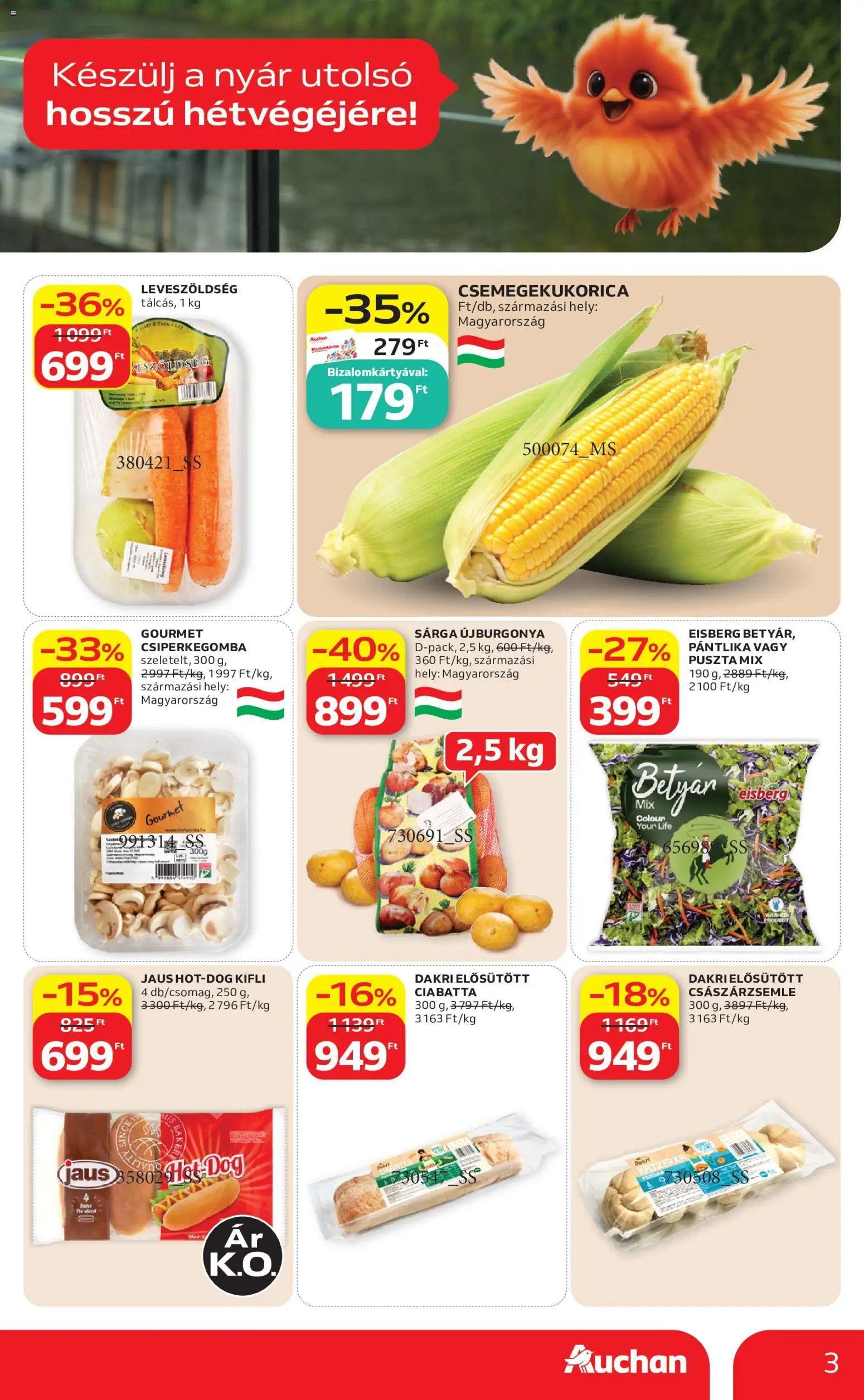 Auchan akciós ujság - amely érvényes a következő dátumtól: 2026.08.13. | Oldal: 3 | Termékek: Leveszöldség, Csemegekukorica, Kifli, Gourmet