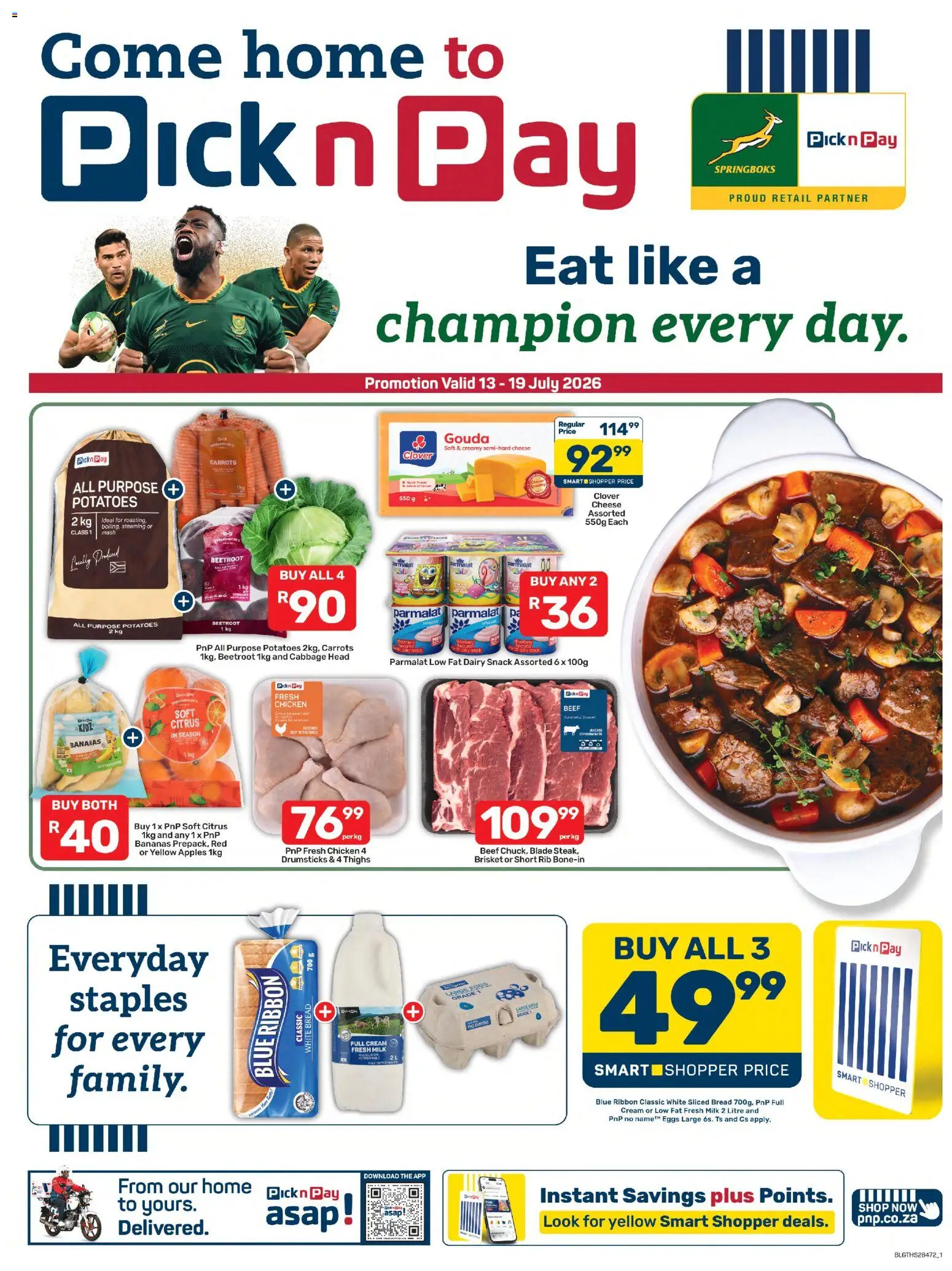 New Pick n Pay catalogue – valid from 13/07/2026 | Page: 1 | Products: Chicken, Apples, Carrots, Potatoes