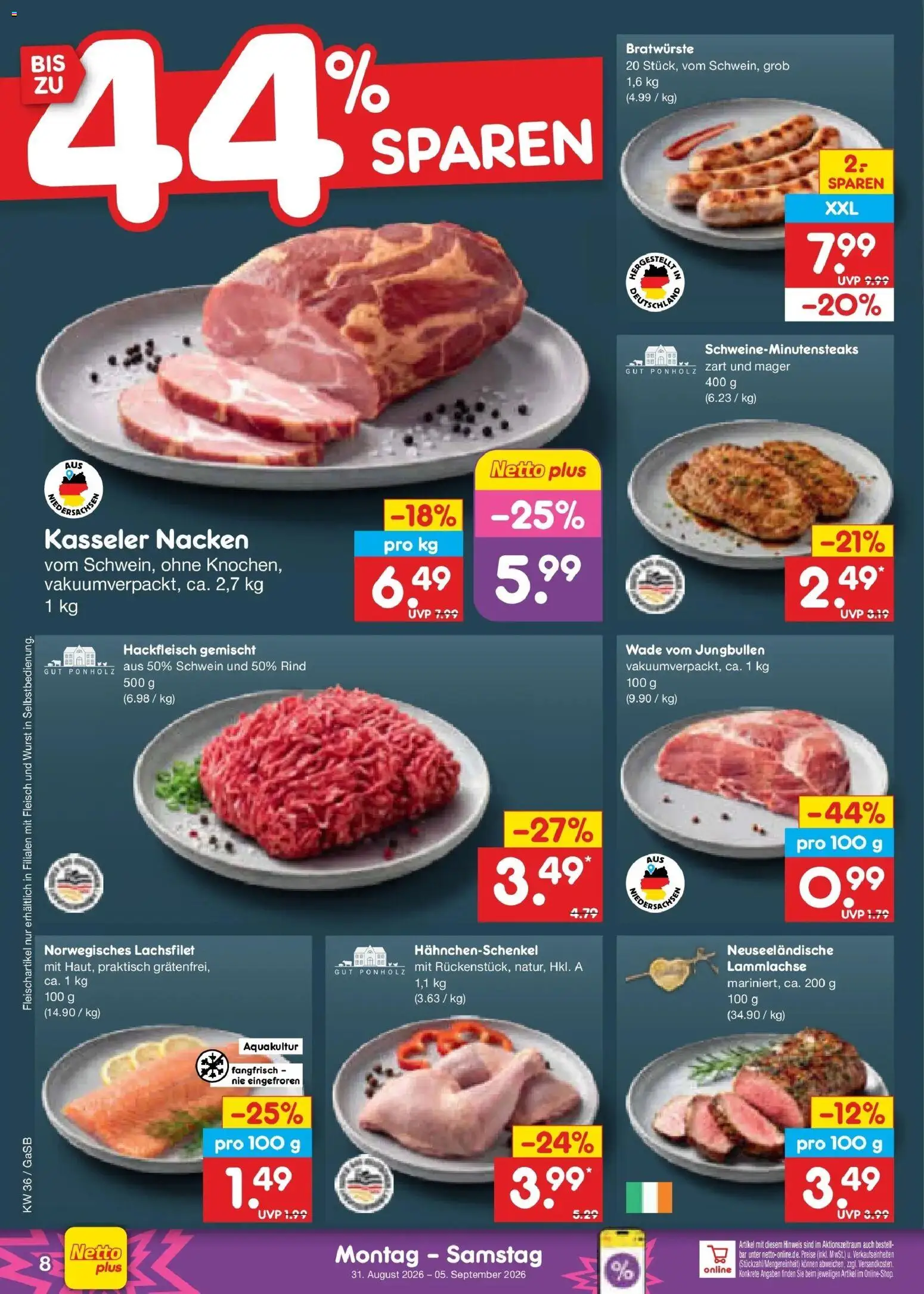 Netto Marken-Discount Prospekt Bremen-Lesum (ab 31.08.2026) » Angebote | Seite: 10 | Produkte: Hahnchenschenkel, Kasseler nacken, Wurst, Fleisch