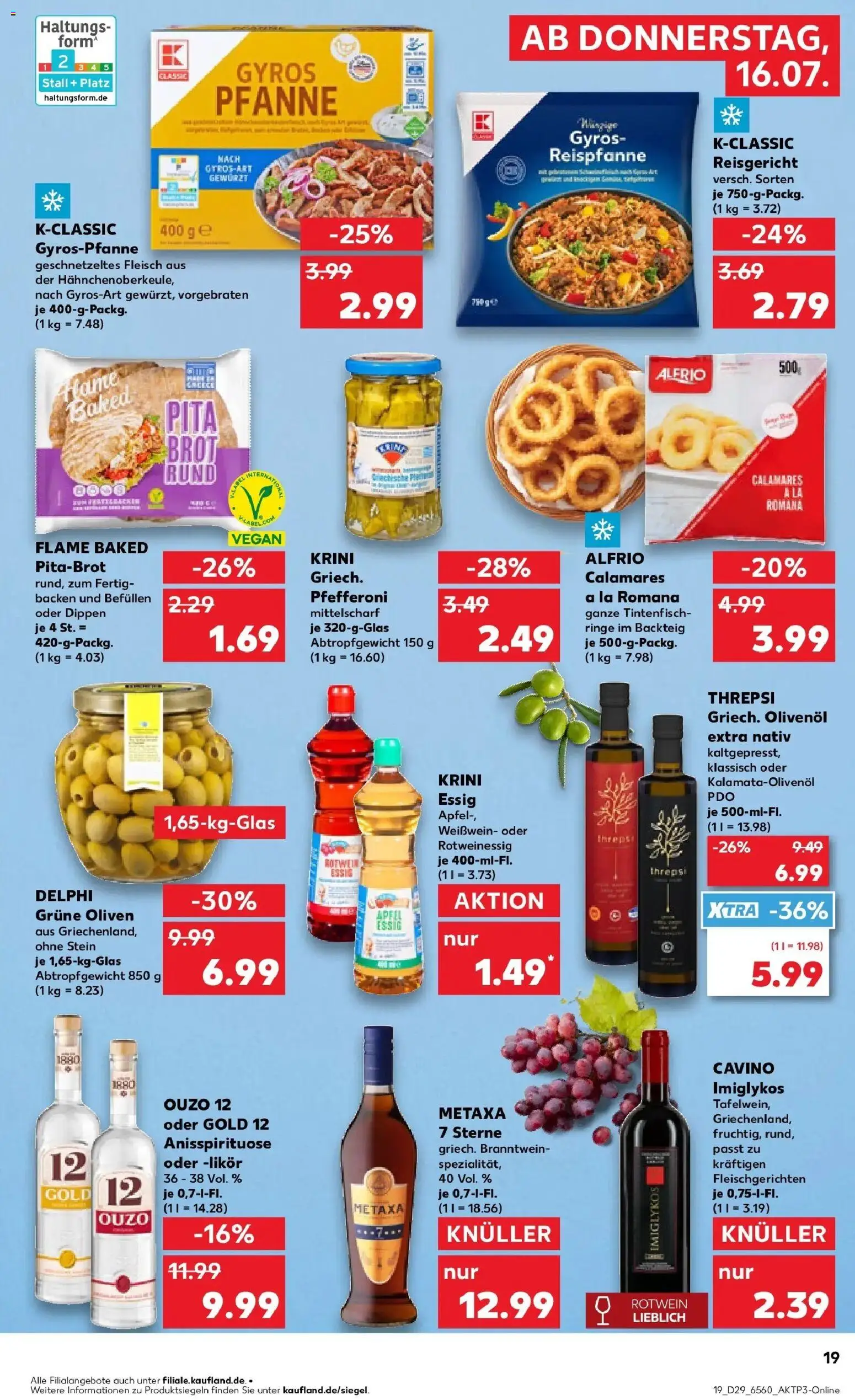 Kaufland Prospekt Kerpen – gültig ab 16.07.2026 | Seite: 19 | Produkte: Essig, Olivenol, Tintenfisch, Metaxa