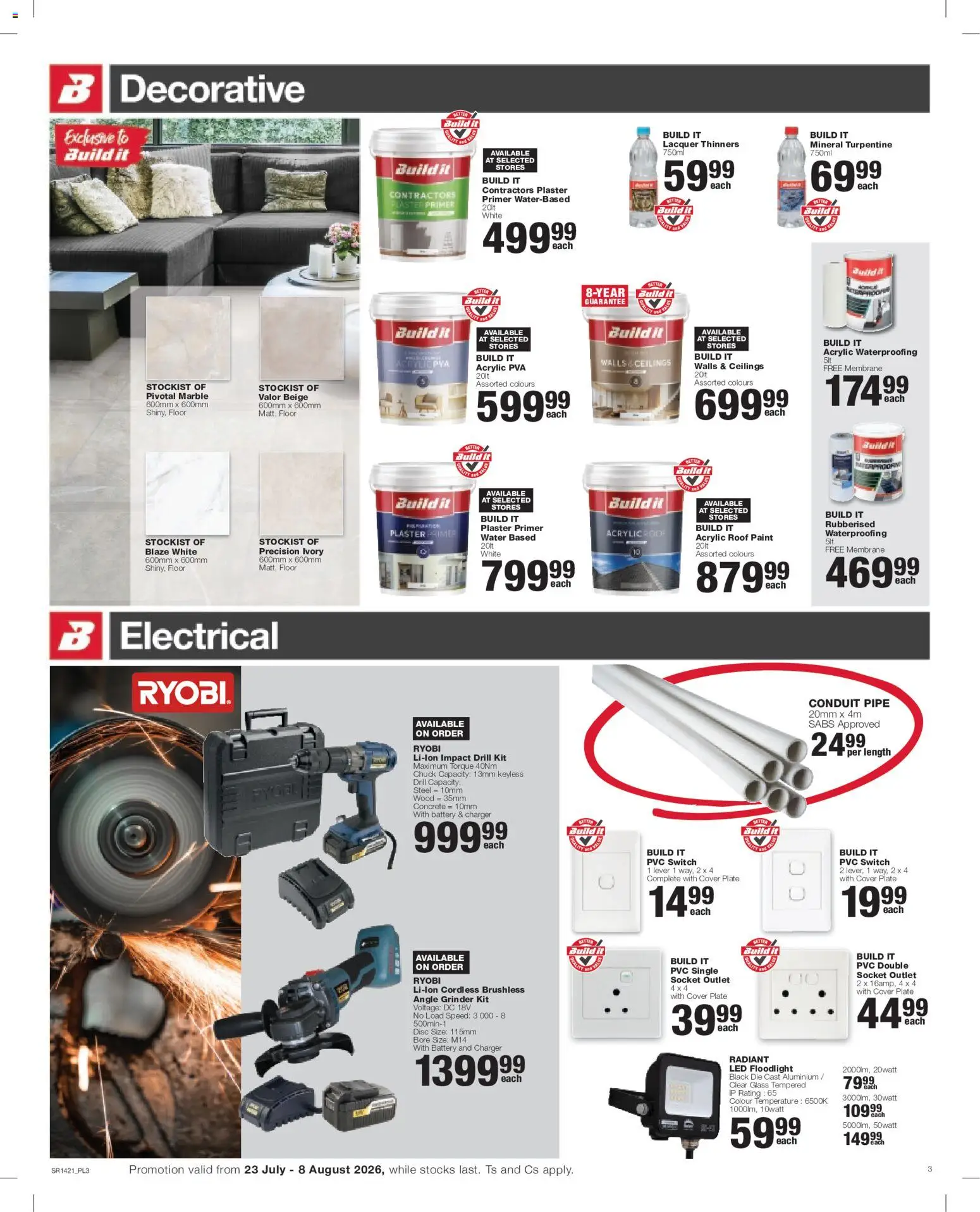 New Build It catalogue – valid from 23/07/2026 | Page: 3 | Products: Drill, Socket, Charger, Angle grinder