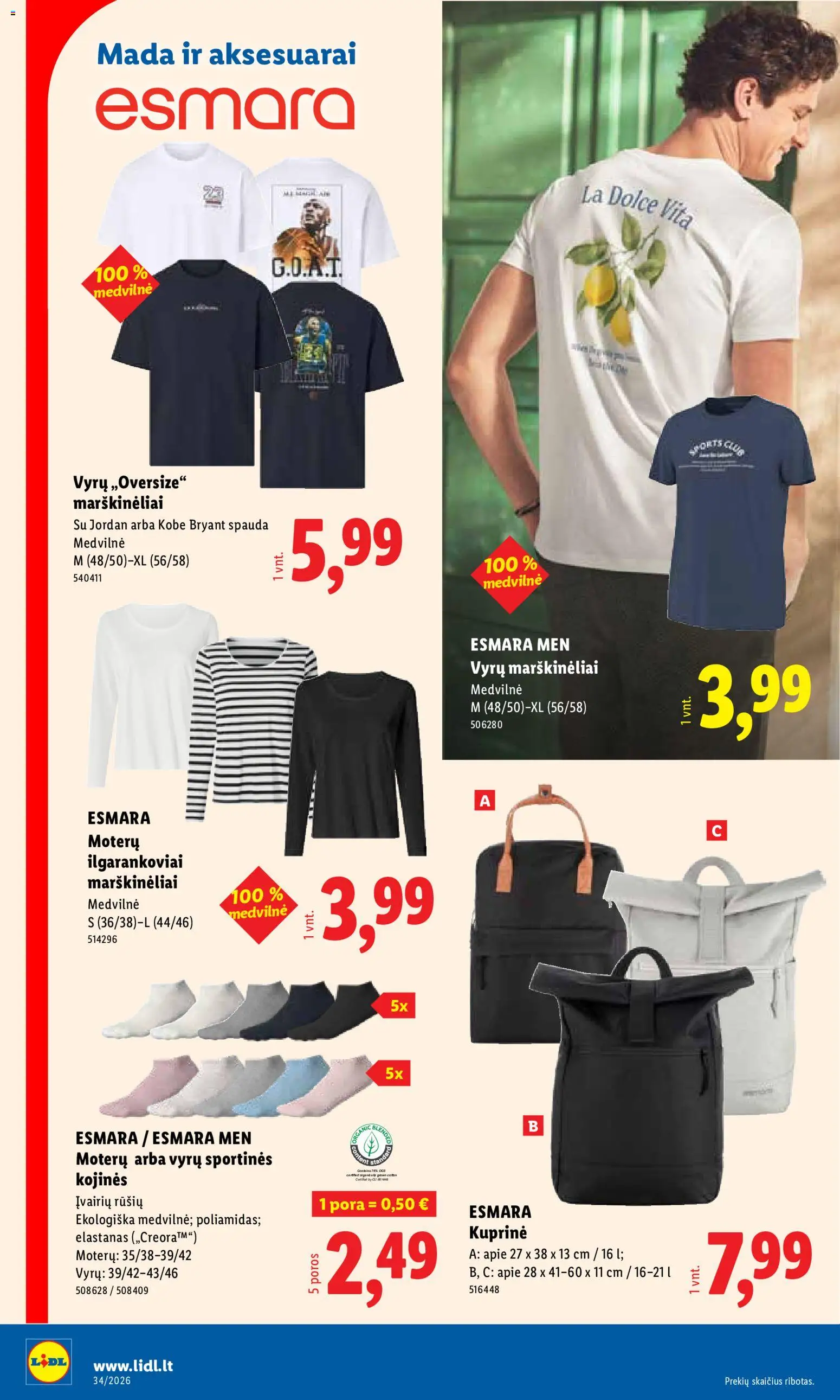 LIDL akcijos nuo 2026.08.17 | Puslapis: 4 | Prekių: Marškinėliai, Kojinės, Kuprinė