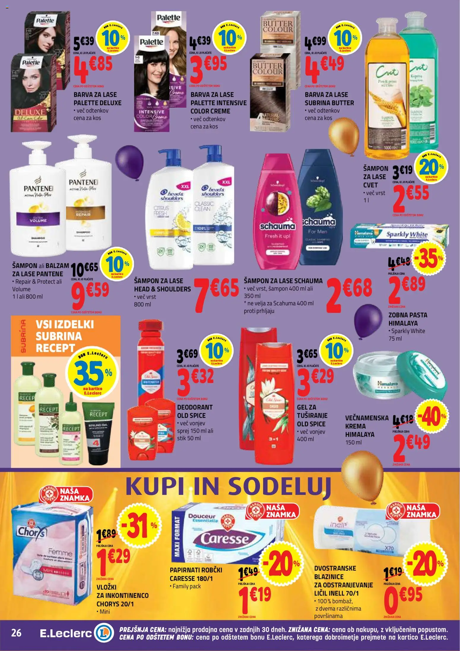 Novi E.leclerc katalog ponudbe – veljaven od 21.10.2026 | Stran: 26 | Izdelki: Robčki, Sampon, Barva za lase, Zobna pasta