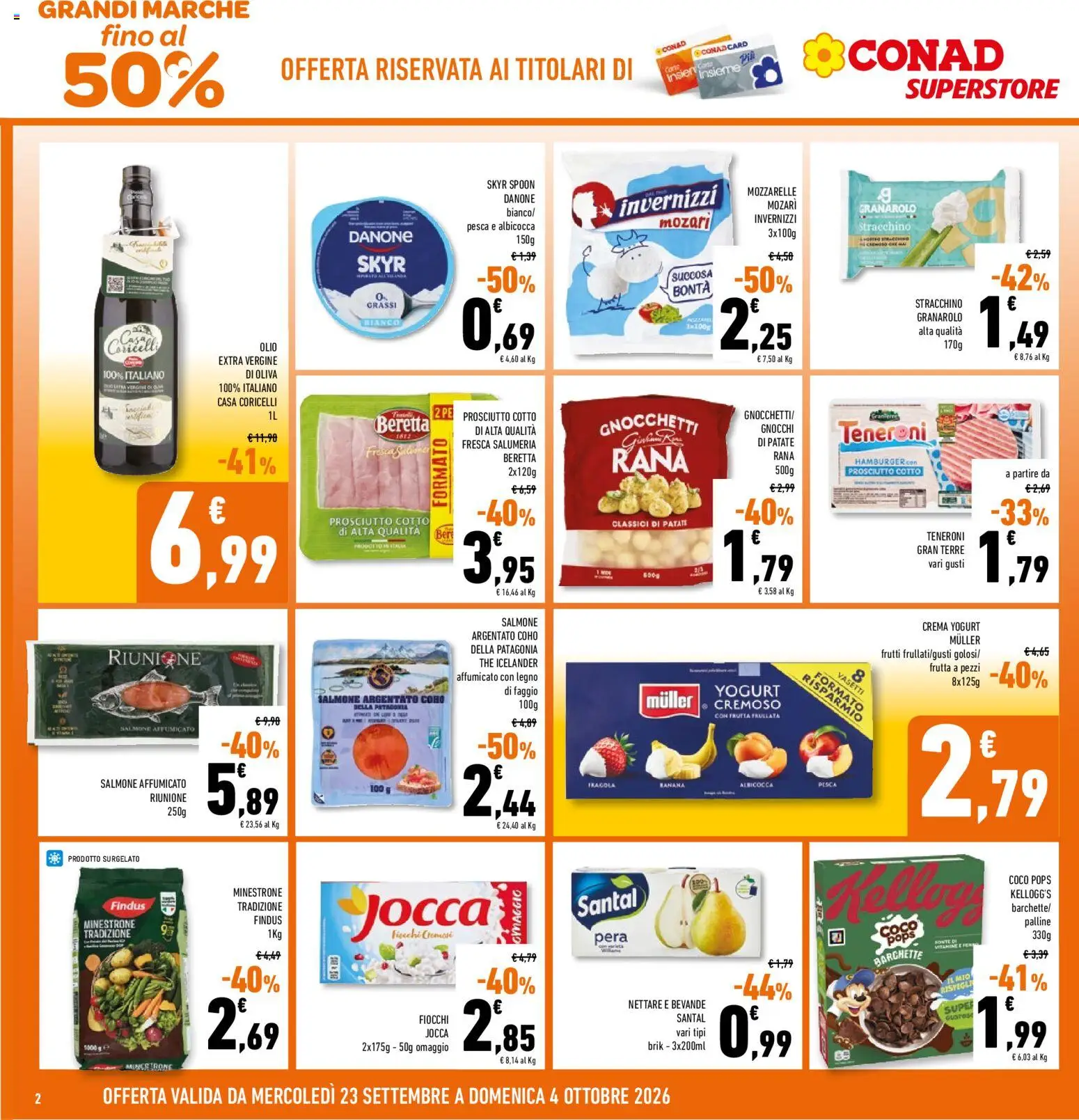 Volantino Conad del 23/09/2026 | Pagina: 2 | Prodotti: Salmone affumicato, Crema, Mozzarella, Olive