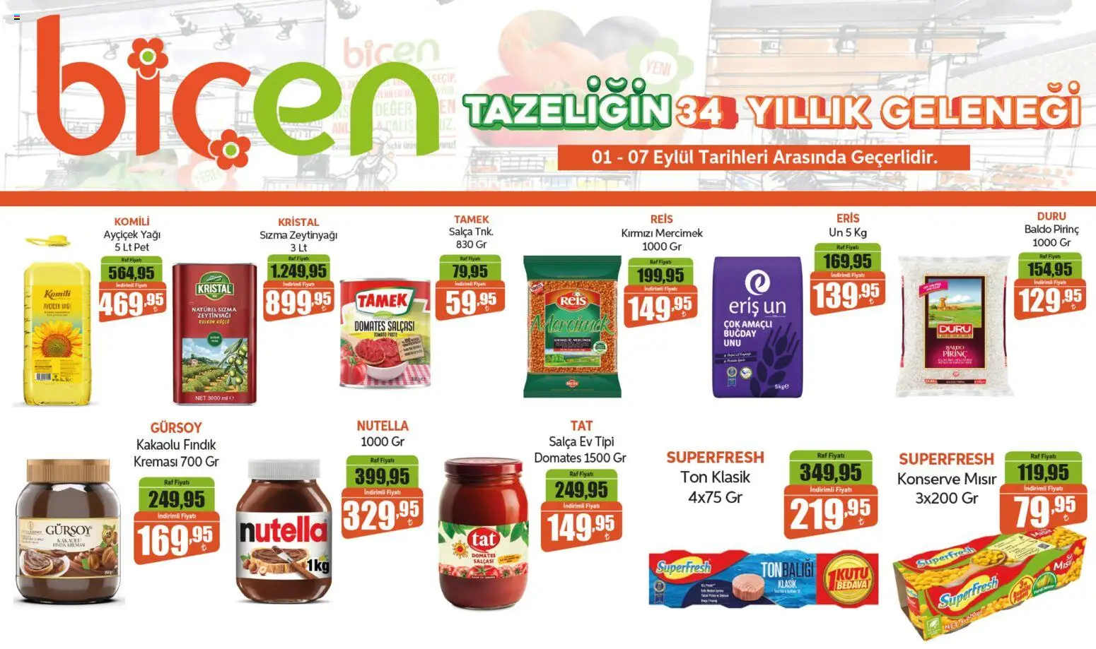 Biçen Market Katalog - 01 Eylül 2026 tarihinden itibaren geçerlidir | Sayfa: 1 | Ürünler: Sızma zeytinyağı, Kutu, Domates, Fındık