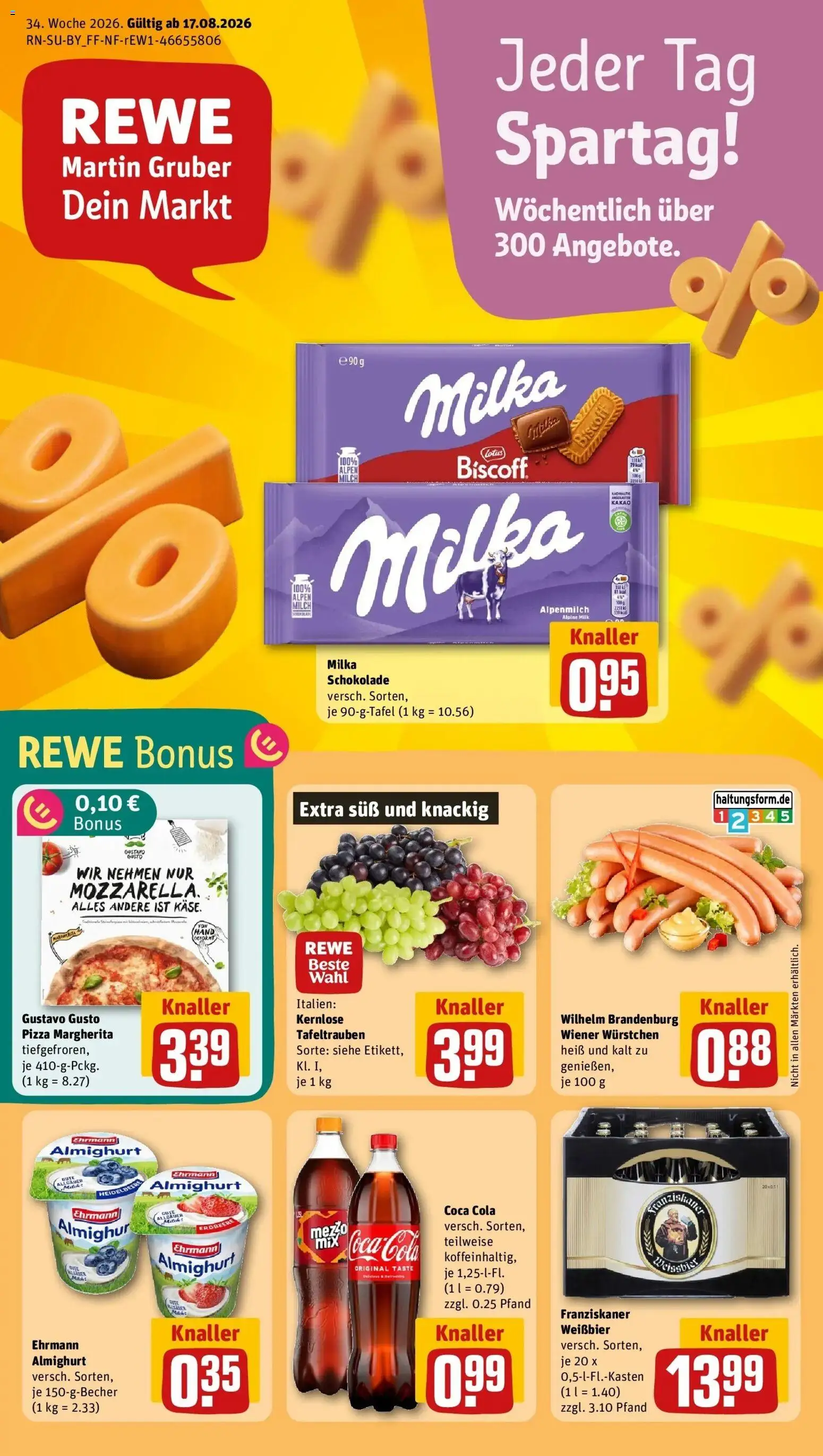 REWE Prospekt ab 17.08.2026 zum Blättern » Angebote | Seite: 1 | Produkte: Gustavo gusto, Franziskaner, Wiener wurstchen, Coca cola